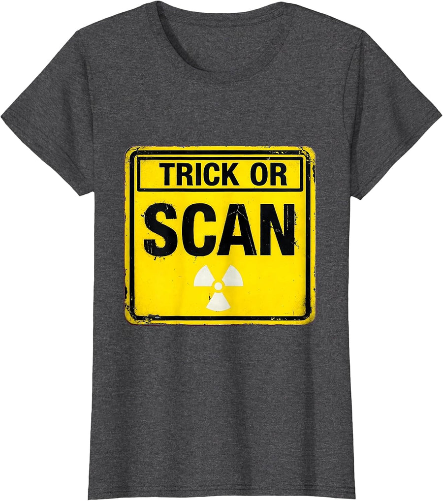 Women's Trick Or Scan Radiology Tech Halloween Workplace Humor T-Shirt - Dark Heather Grey