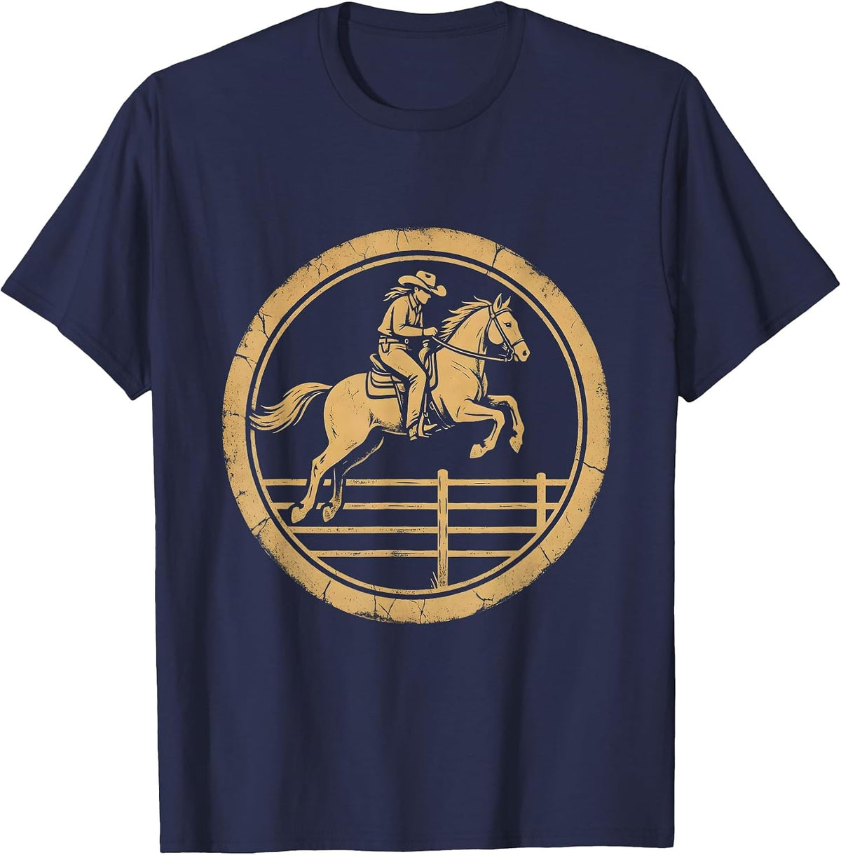 Cowgirl and Horse Jumping Over Fence Graphic T-Shirt - Navy Blue