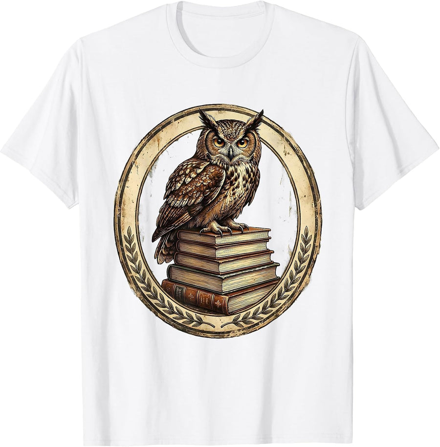 Men's Wise Owl on Stacked Textbooks Teacher Gift T-Shirt - White