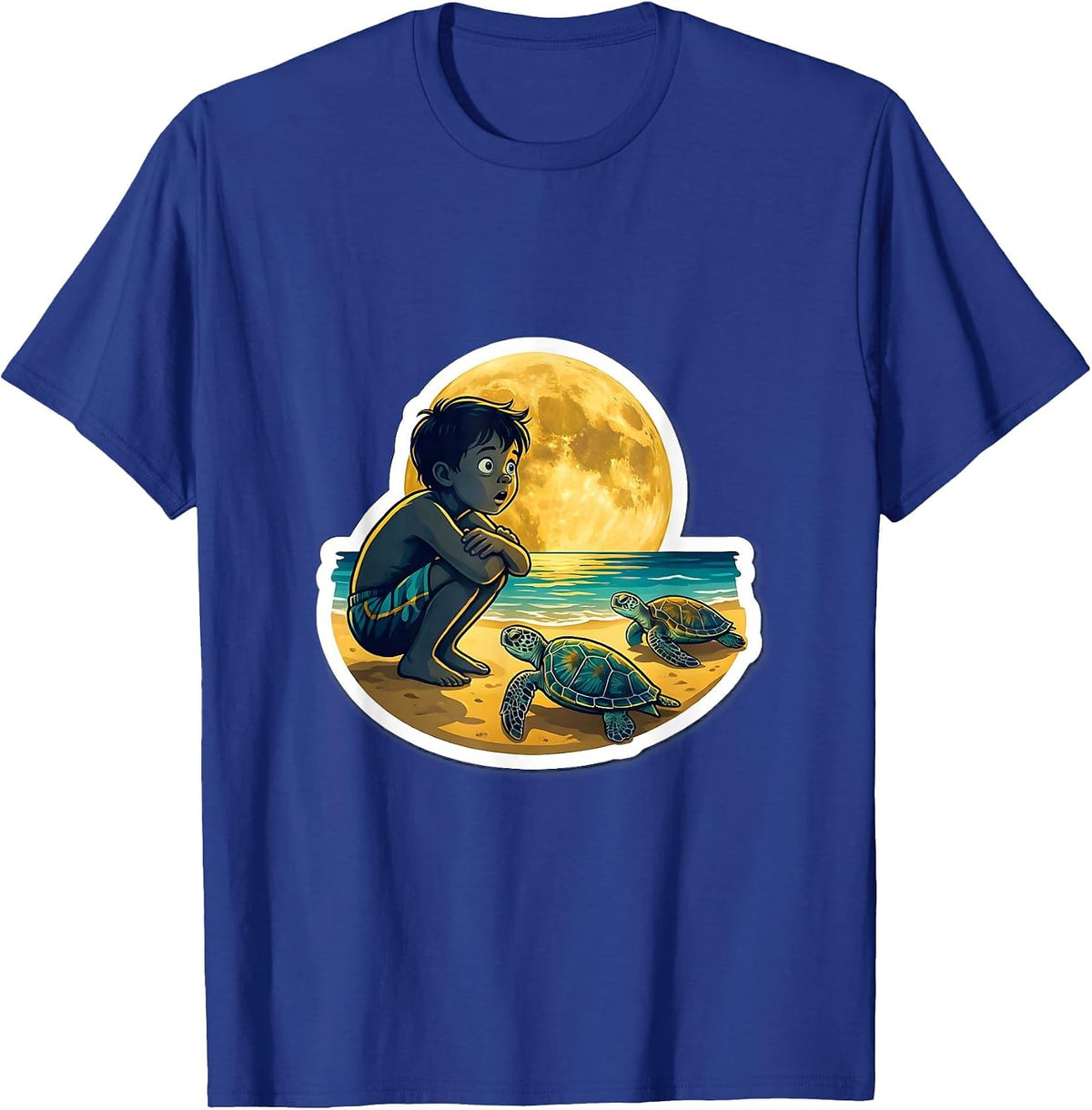 Men's Boys Hawaiian Sea Turtle Nesting Moonlit Beach T-Shirt - Royal Blue