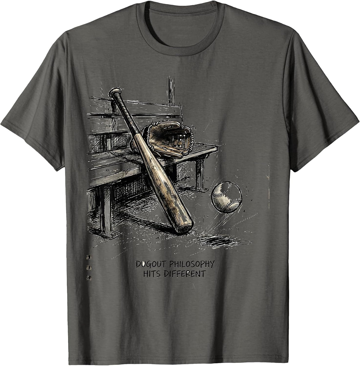Dugout Philosophy Hits Different Baseball Design T-Shirt - Asphalt Grey