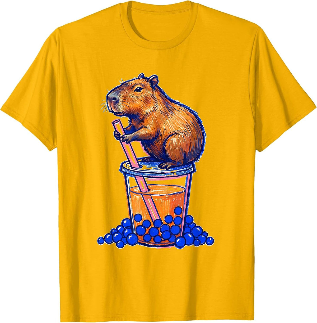 Capybara Boba Cup Kawaii Anime Animal Girls Cute T-Shirt - Golden Yellow