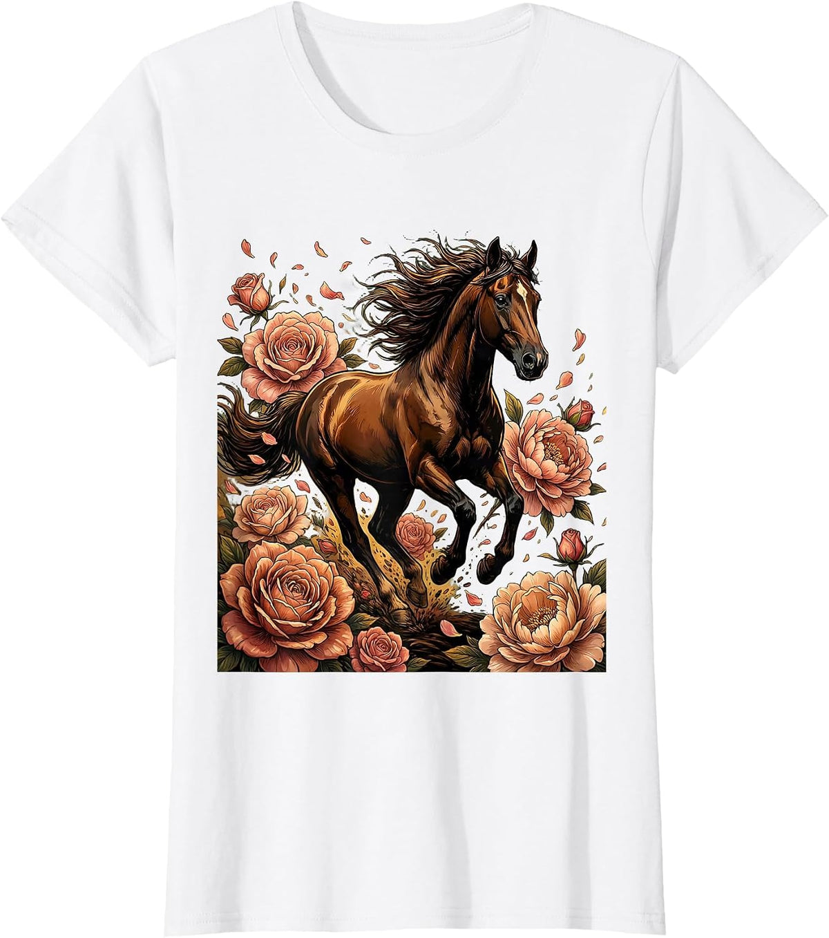 Floral Derby Galloping Horse Graphic Design T-Shirt - White