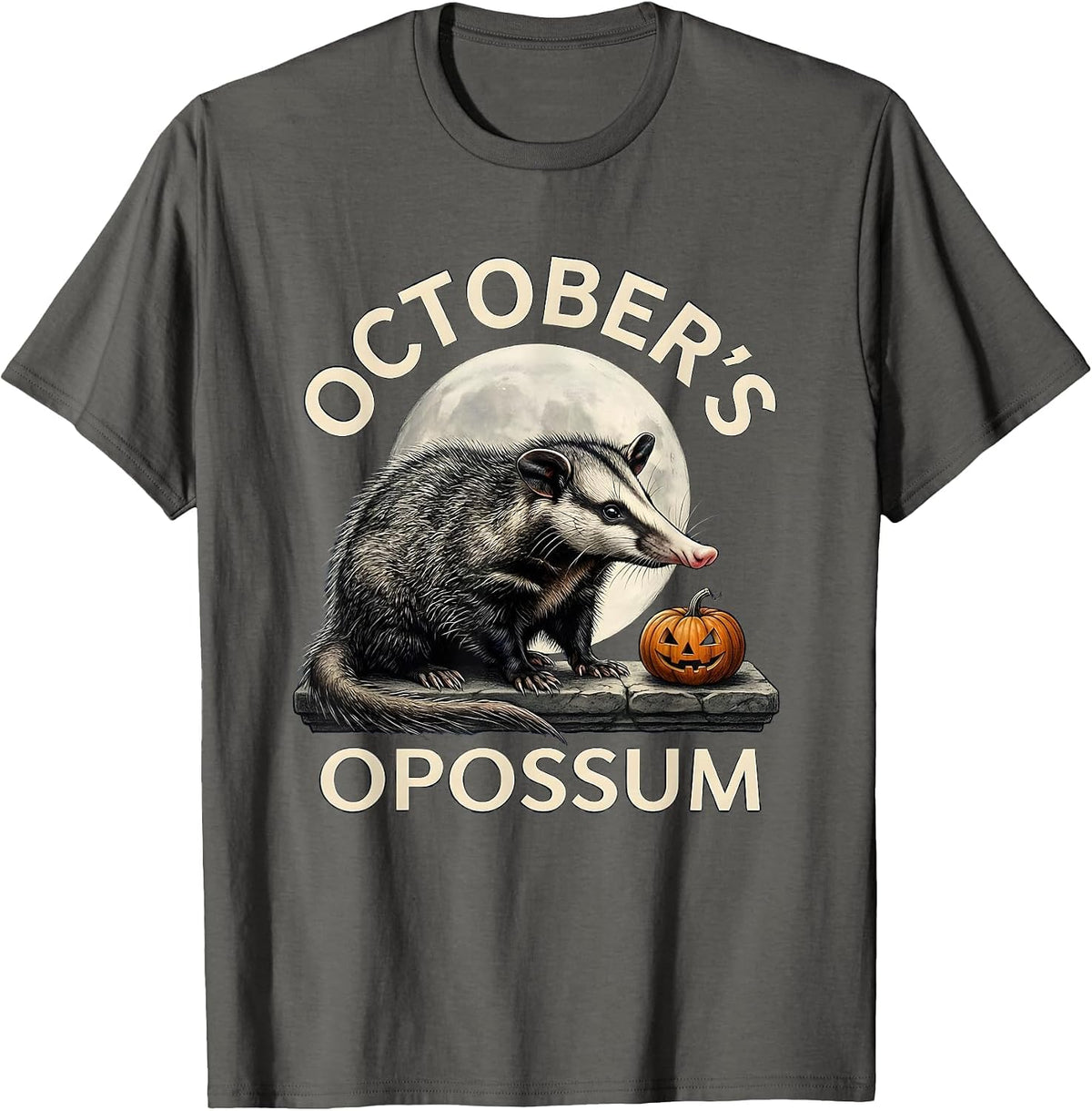 October's Opossum Naturalistic Halloween Spooky Moon Novelty T-Shirt - Asphalt Grey