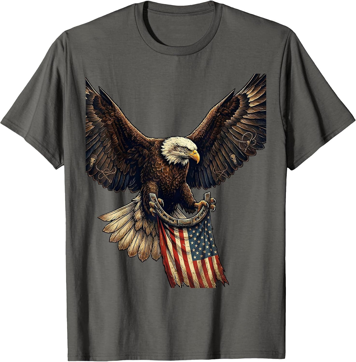 Bald Eagle Soaring Over American Flag T-Shirt - Asphalt Grey