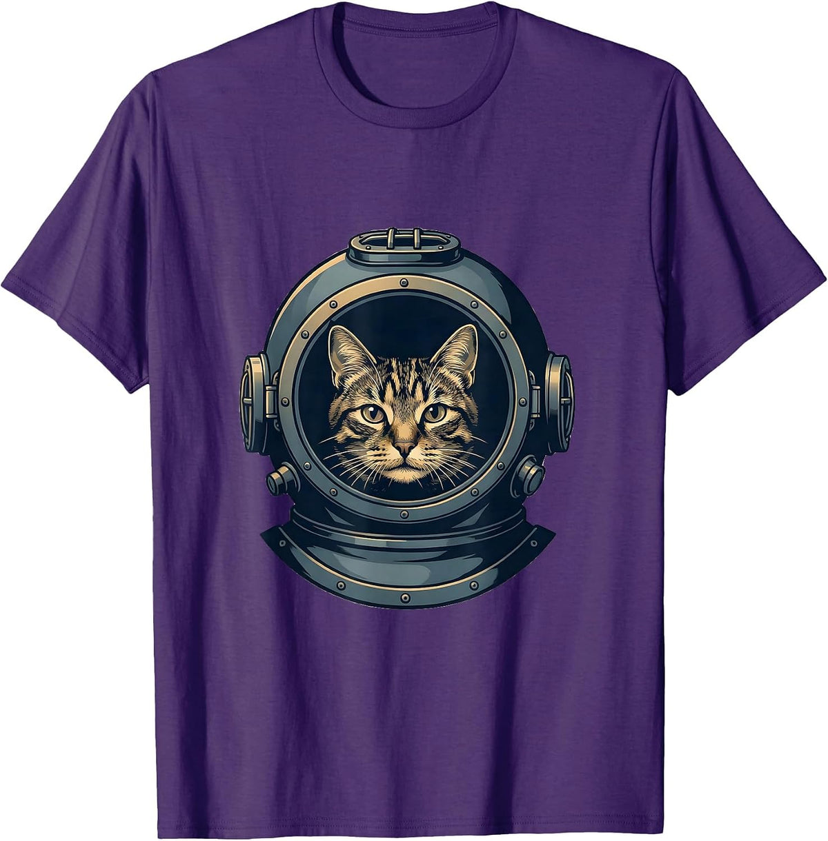 Men's Tabby Cat Deep Sea Diver Illustration T-Shirt - Purple