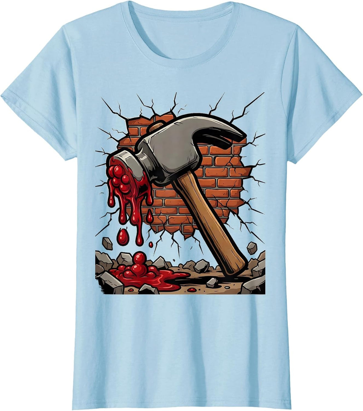 Bloody Hammer Cracked Wall Graphic Design T-Shirt - Baby Blue