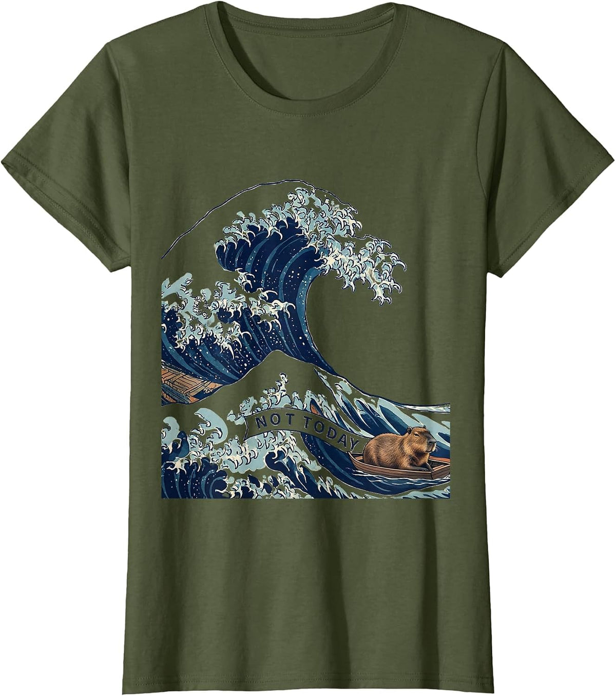 Women's Not Today Ukiyo-e Capybara Japanese Art Meme Humor T-Shirt - Olive Green