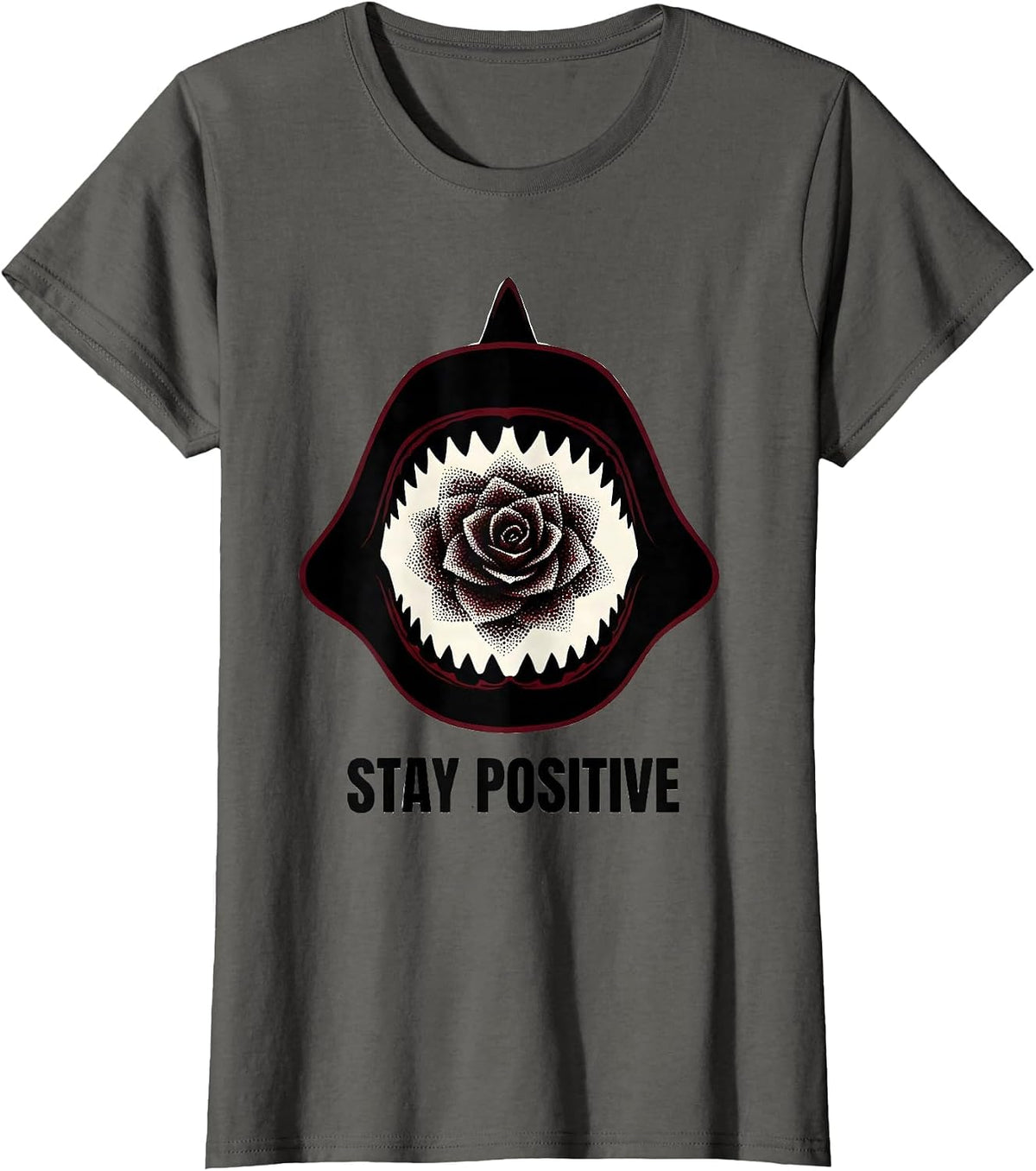 Women's Stay Positive Blackwork Dotwork Shark Jaw Wildlife Humor T-Shirt - Asphalt Grey
