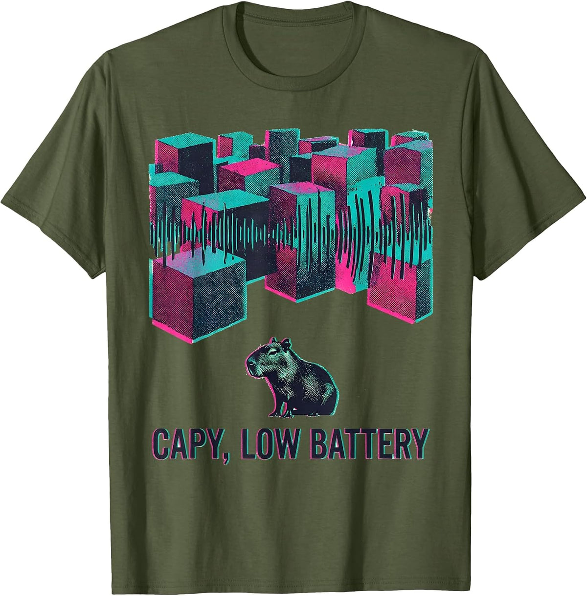 capy low battery Risograph Capybara Meme Animal Humor T-Shirt - Olive Green