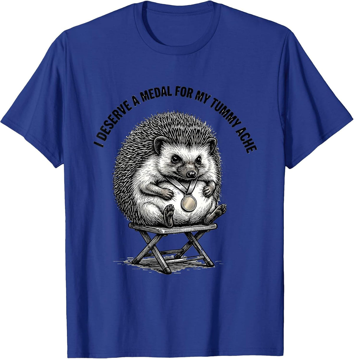 I Deserve A Medal For My Tummy Ache Funny Hedgehog Meme T-Shirt - Royal Blue