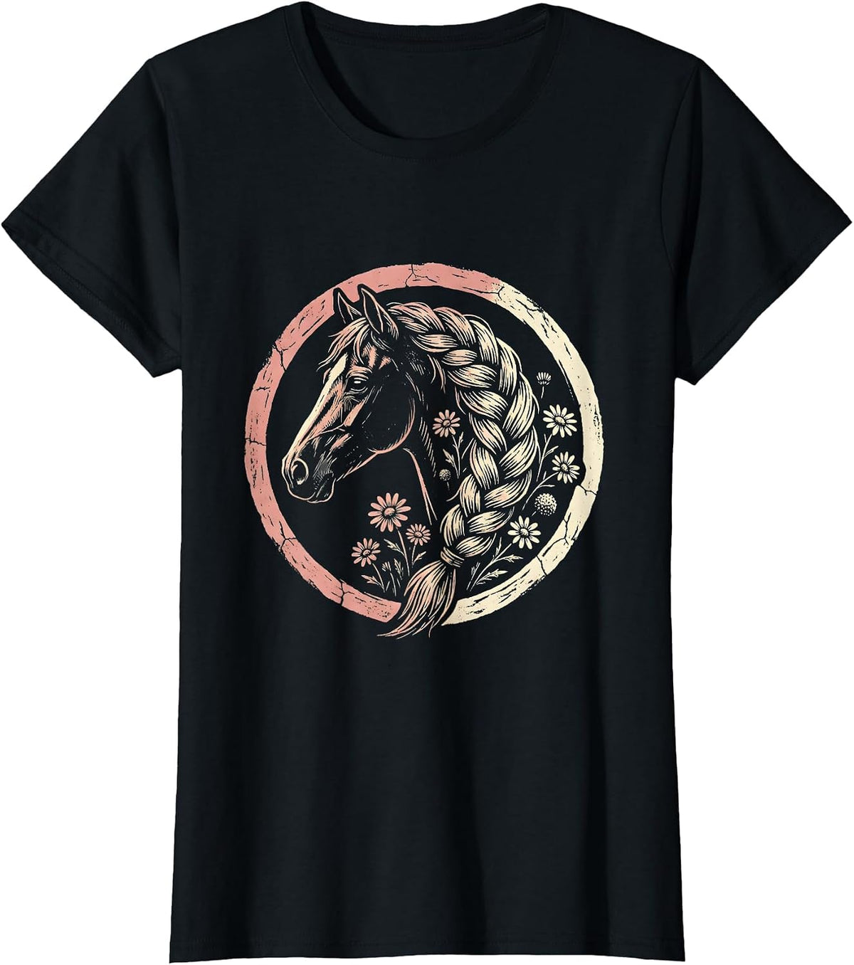 Floral Braided Mane Running Horse Derby Design T-Shirt - Black