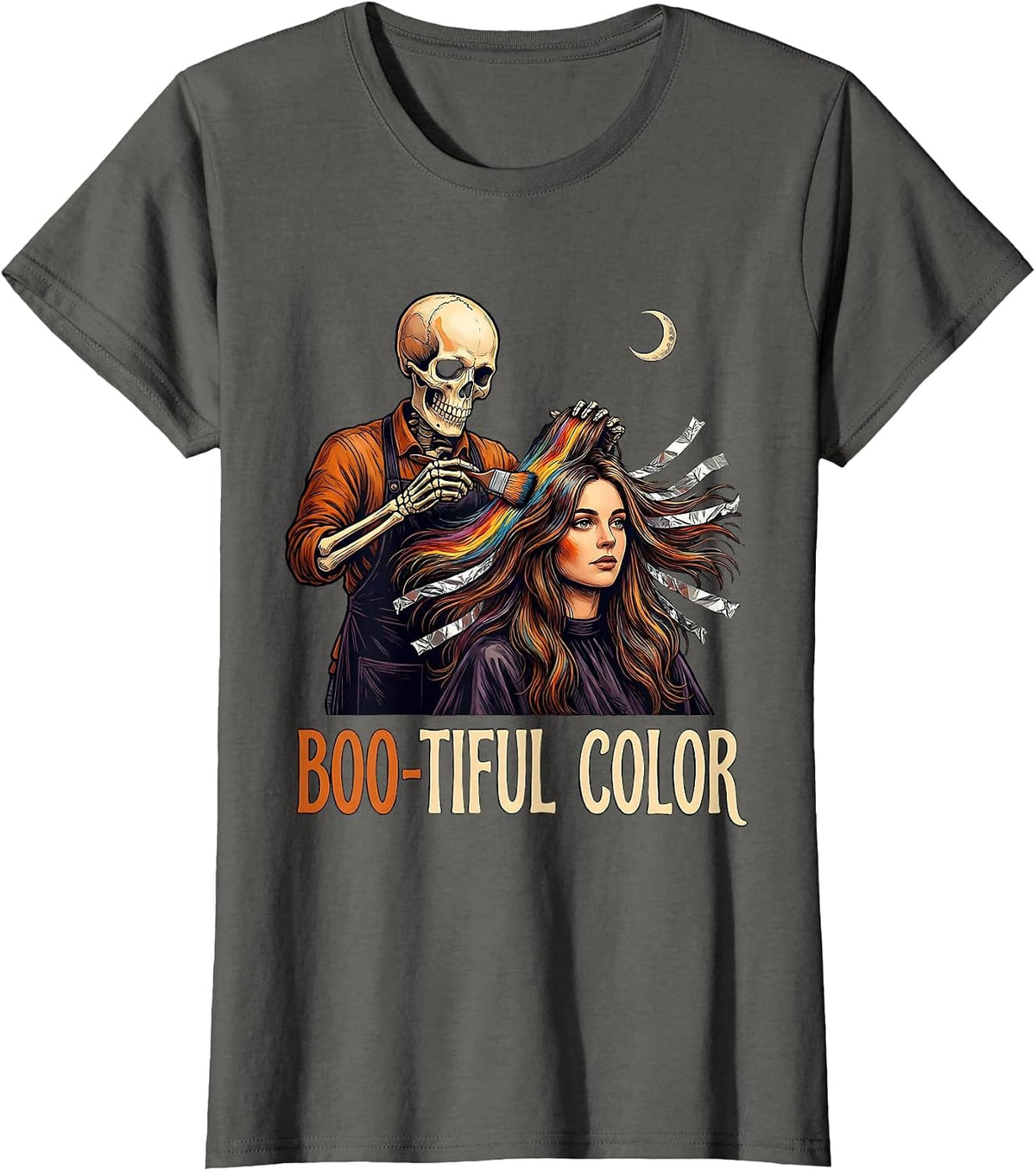 Women's Boo-tiful Color Funny Skeleton Hairstylist Halloween Barber T-Shirt - Asphalt Grey