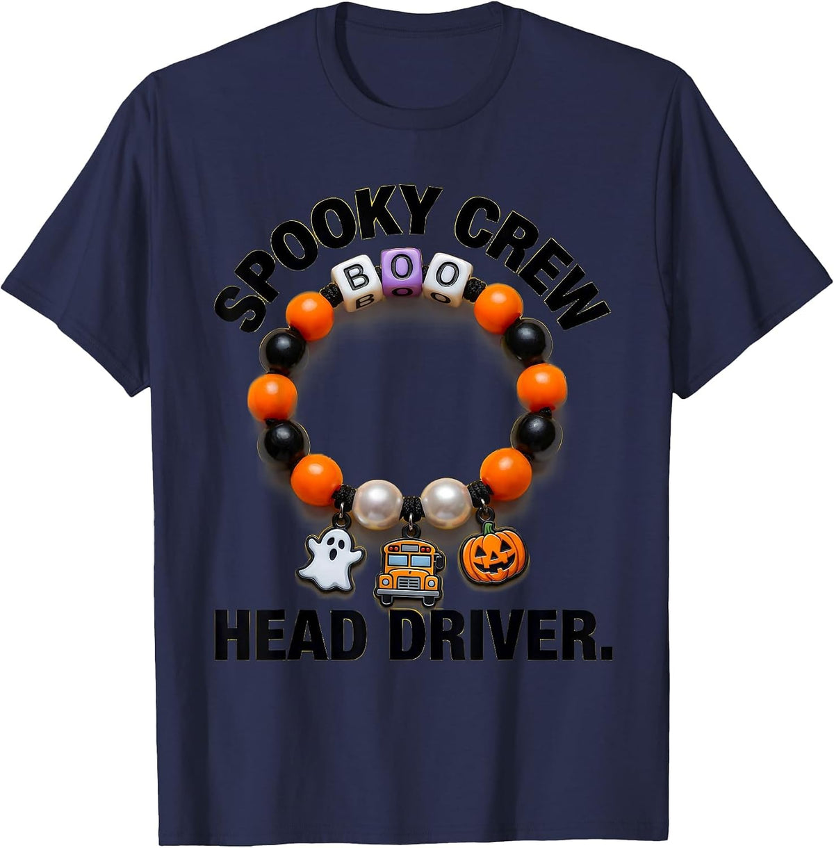 Boo Crew Bus Driver Halloween Spooky Design T-Shirt - Navy Blue