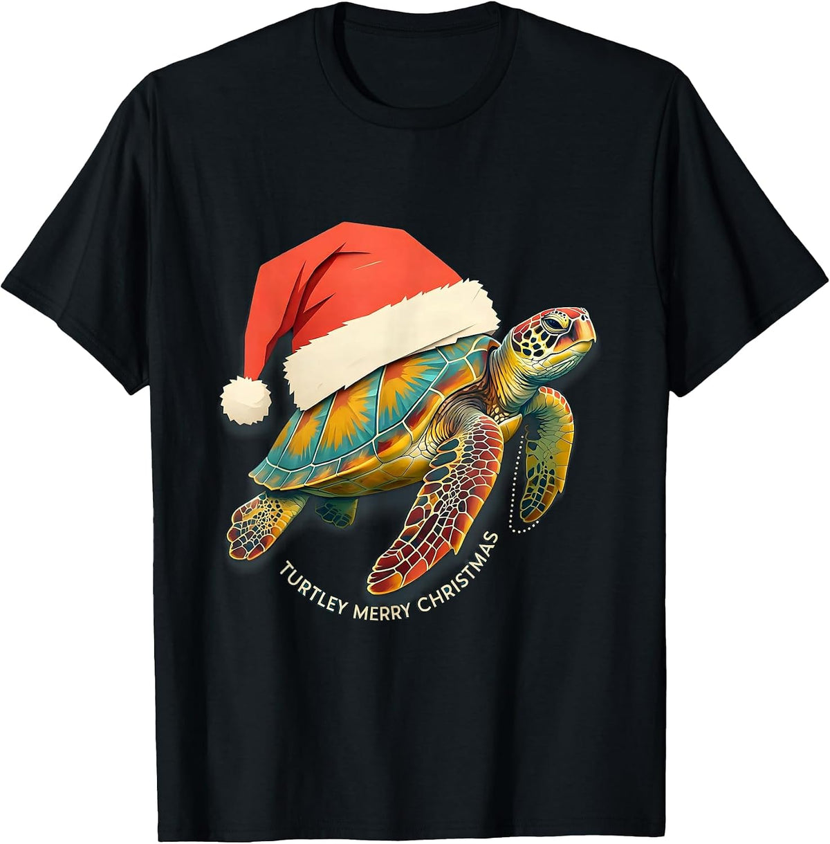 Men's Turtley Merry Christmas Cute Sea Turtle Santa Hat Holiday T-Shirt - Black