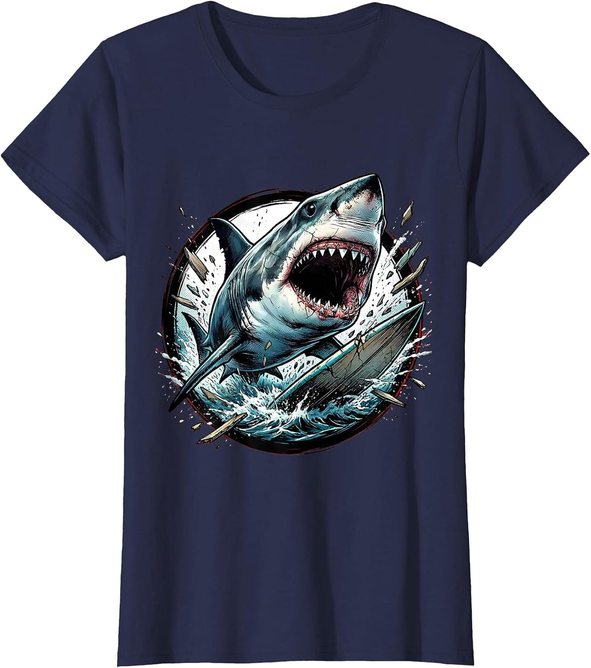 Women's Great White Shark Surfboard Attack Graphic T-Shirt - Navy Blue
