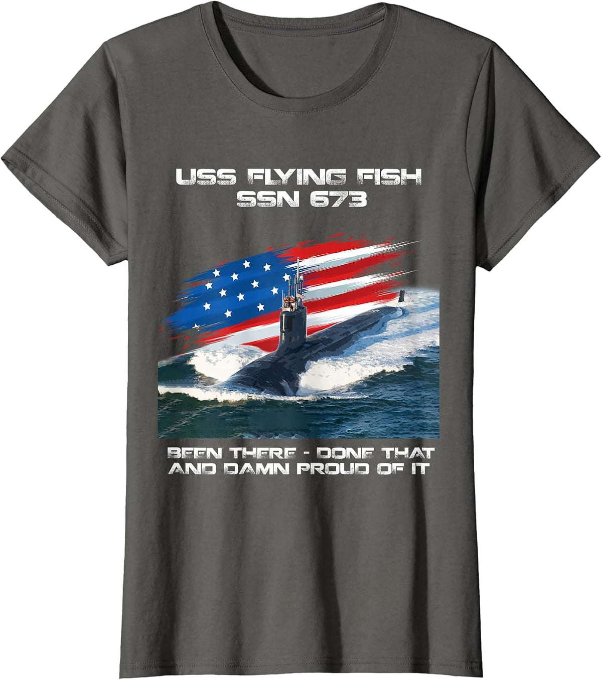 USS Flying Fish SSN-673 American Flag Submarine Veteran Xmas T-Shirt - Asphalt Grey