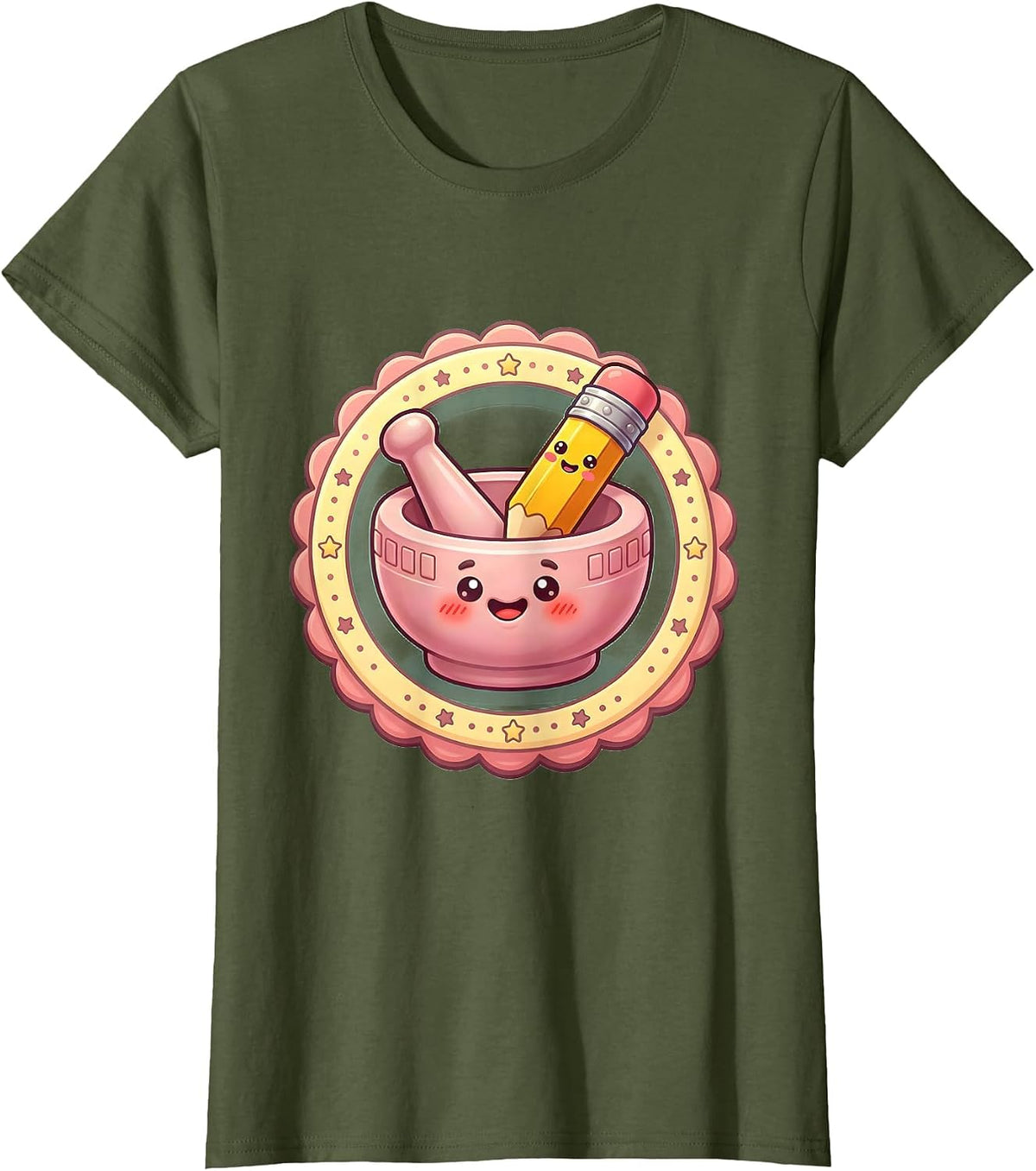 Women's Mortar and Pestle Pencil Eraser Illustration T-Shirt - Olive Green