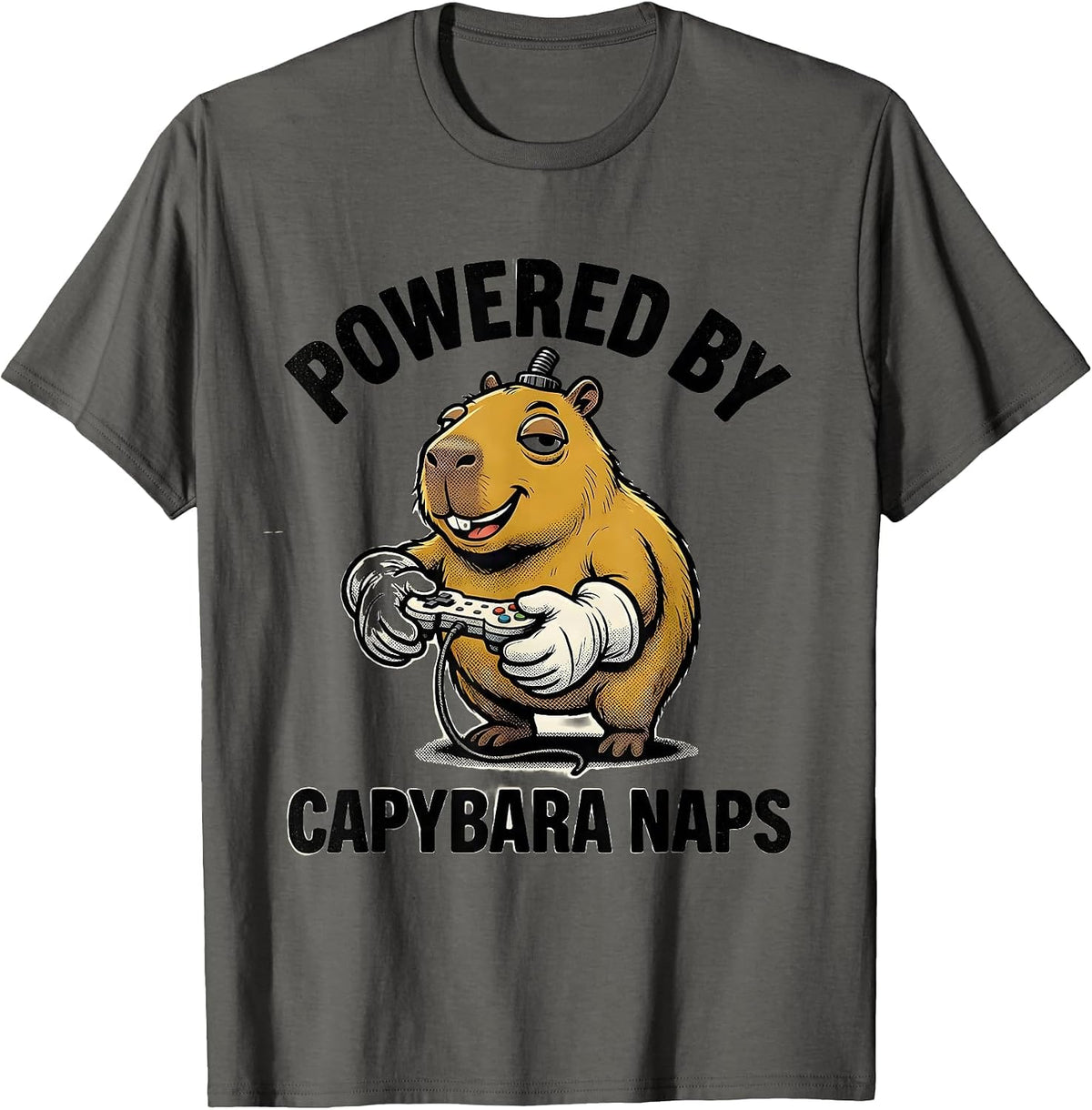Powered By Capybara Naps Retro Cartoon Funny Gamer Meme T-Shirt - Asphalt Grey