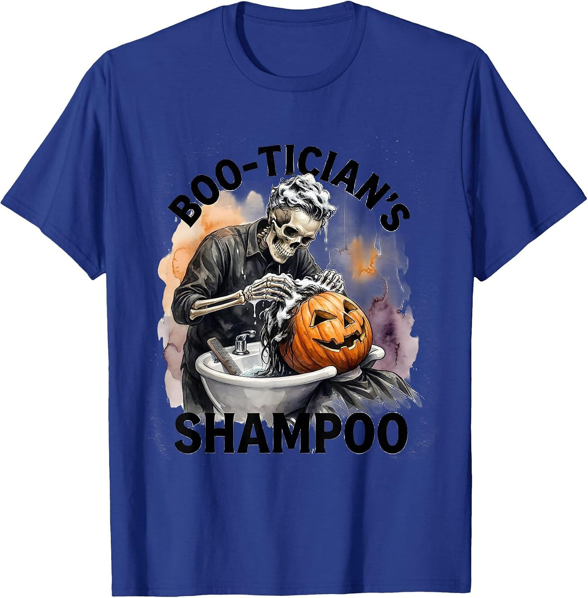 Men's Boo-tician's Shampoo Watercolor Skeleton Hairdresser T-Shirt - Royal Blue