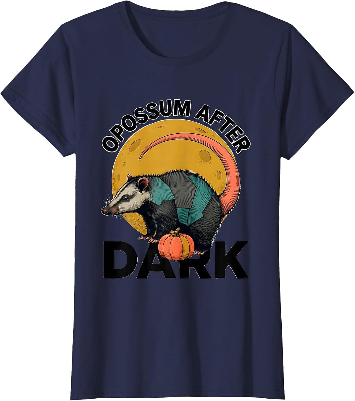 Women's Opossum After Dark Midcentury Modern Halloween Spooky Moon T-Shirt - Navy Blue