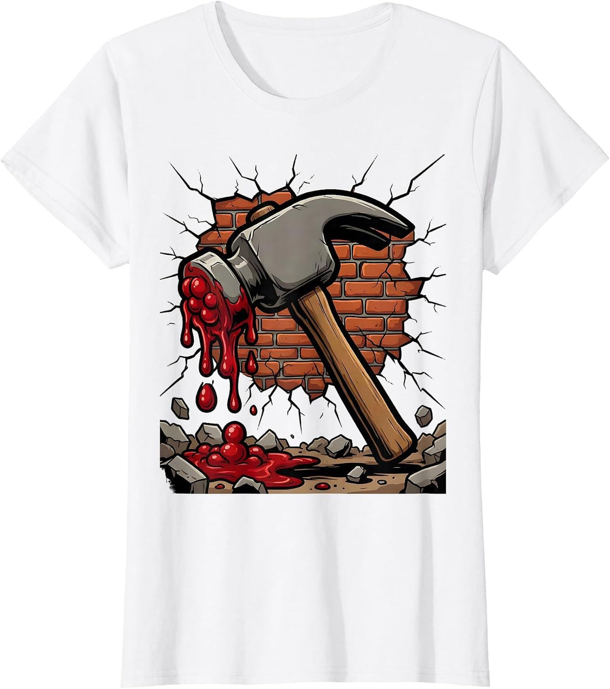 Bloody Hammer Cracked Wall Graphic Design T-Shirt - White