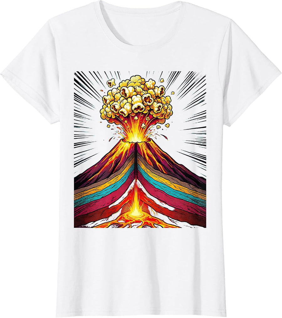 Women's Volcano Popcorn Eruption Funny Food Science Art T-Shirt - White