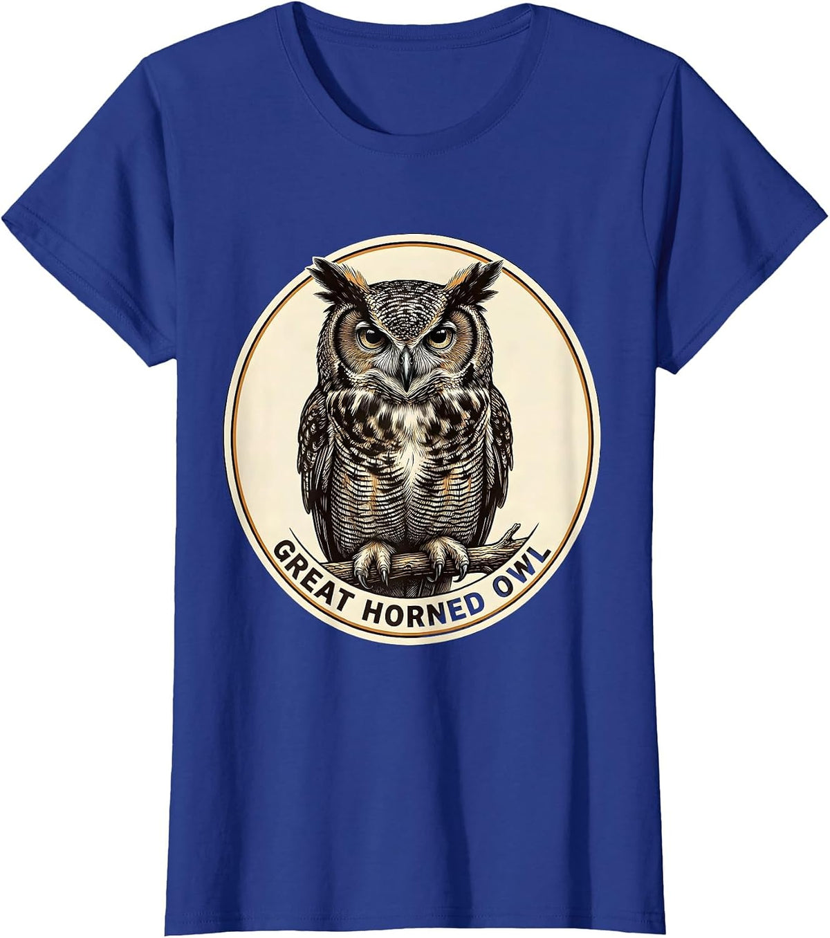 Women's Great Horned Owl Crosshatch Etching Bird Lover Vintage T-Shirt - Royal Blue