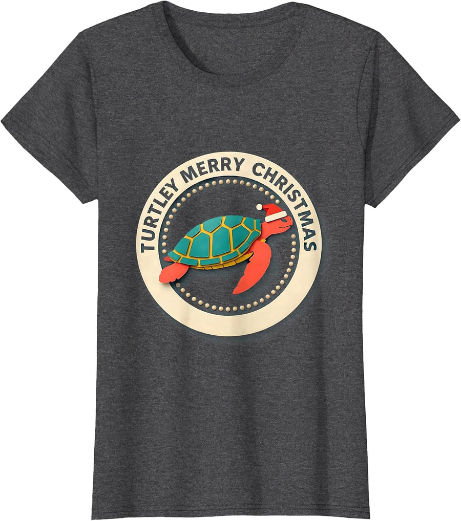 Women's Turtley Merry Christmas Whimsical Sea Turtle Santa Hat T-Shirt - Dark Heather Grey