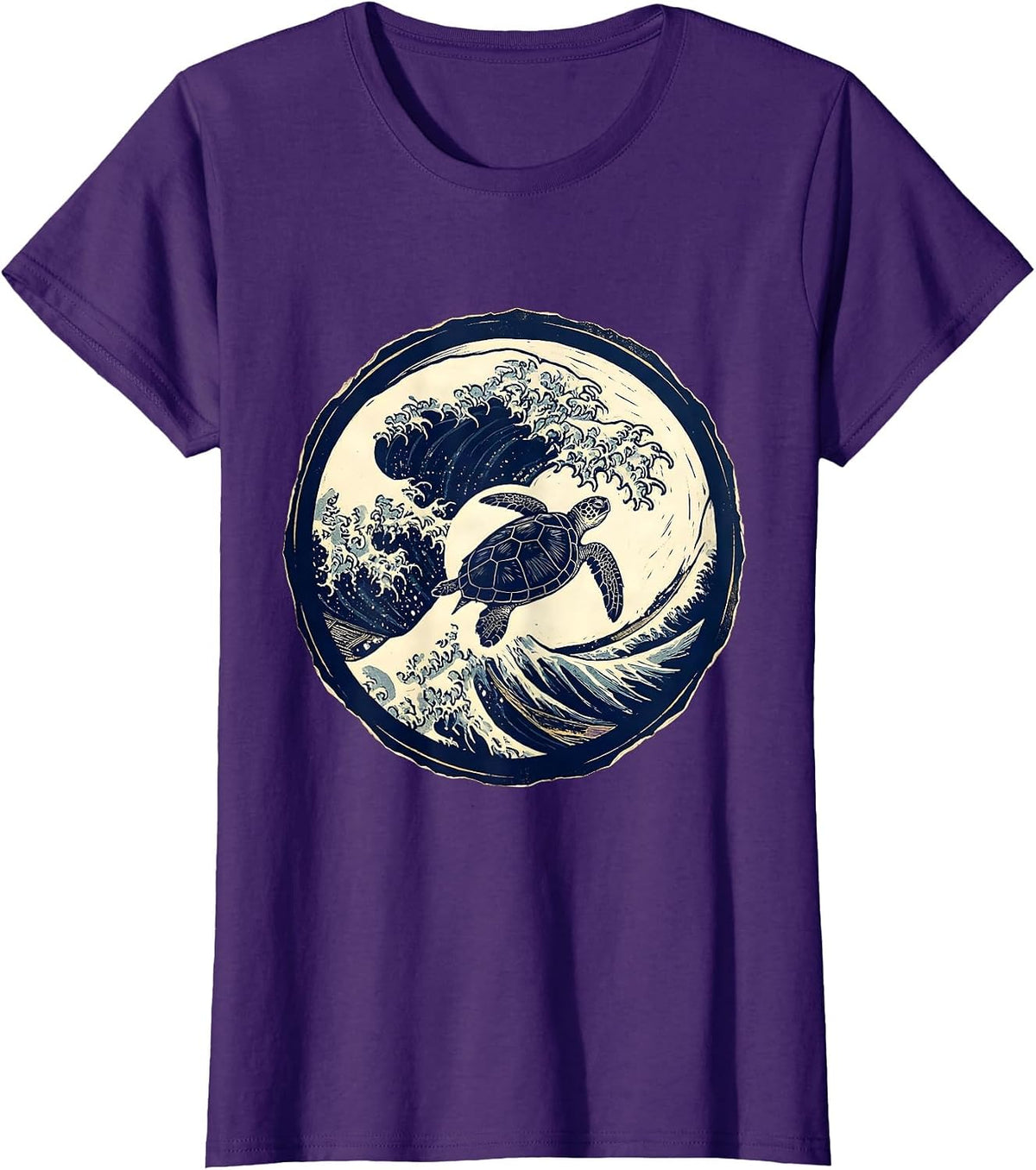 Women's Turtle Silhouette Crashing Ocean Wave Graphic T-Shirt - Purple