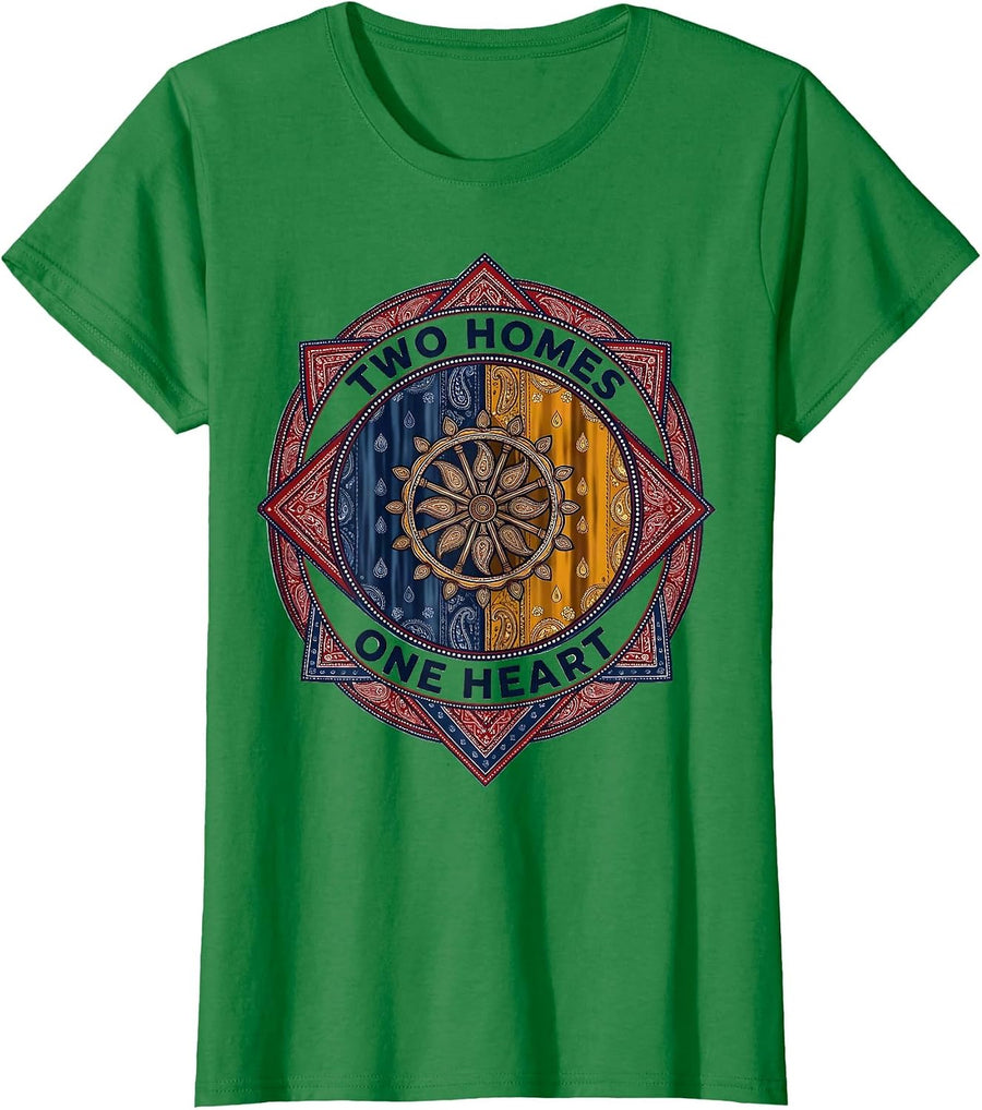 Women's Two Homes One Heart Bandana Paisley Dual Flag Pride Family T-Shirt - Kelly Green
