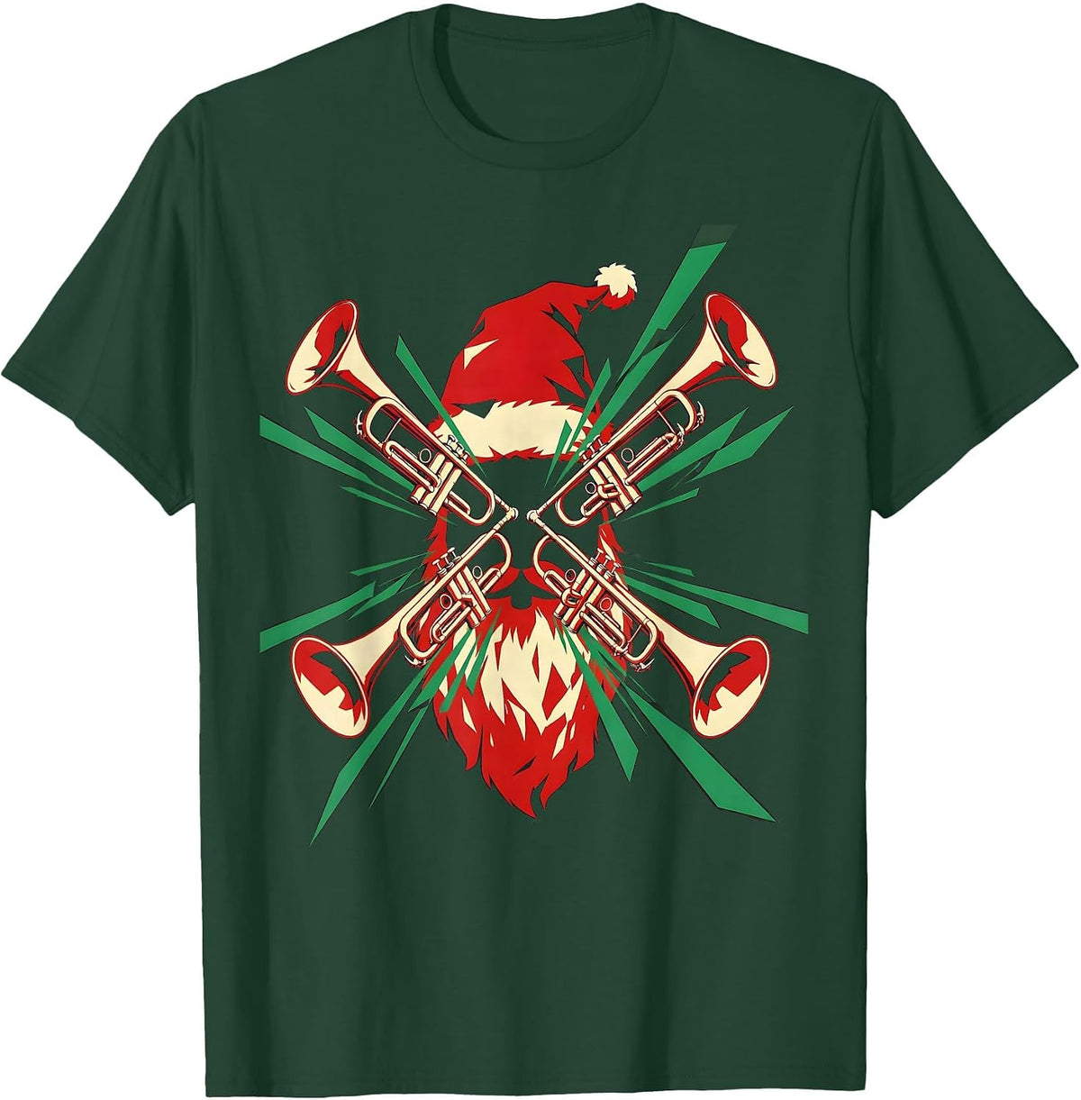 Futurist Trombone Santa Hat Radial Burst Music Humor T-Shirt - Dark Green