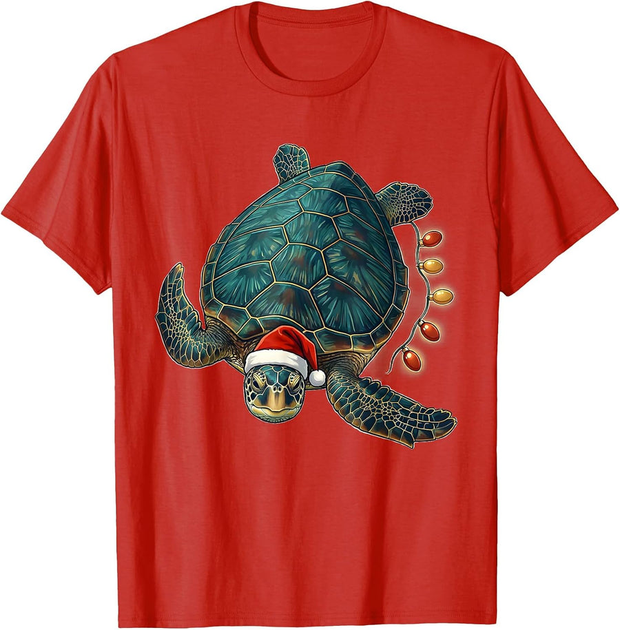 Men's Sea Turtle Santa Hat Christmas Lights Novelty Holiday T-Shirt - Red