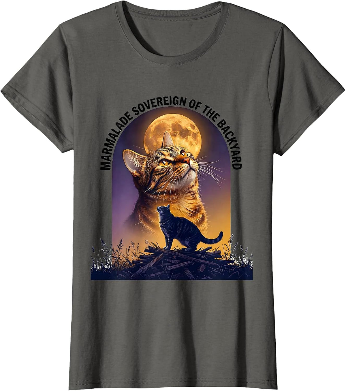 Women's Marmalade Sovereign of the Backyard Retro Orange Tabby Cat T-Shirt - Asphalt Grey