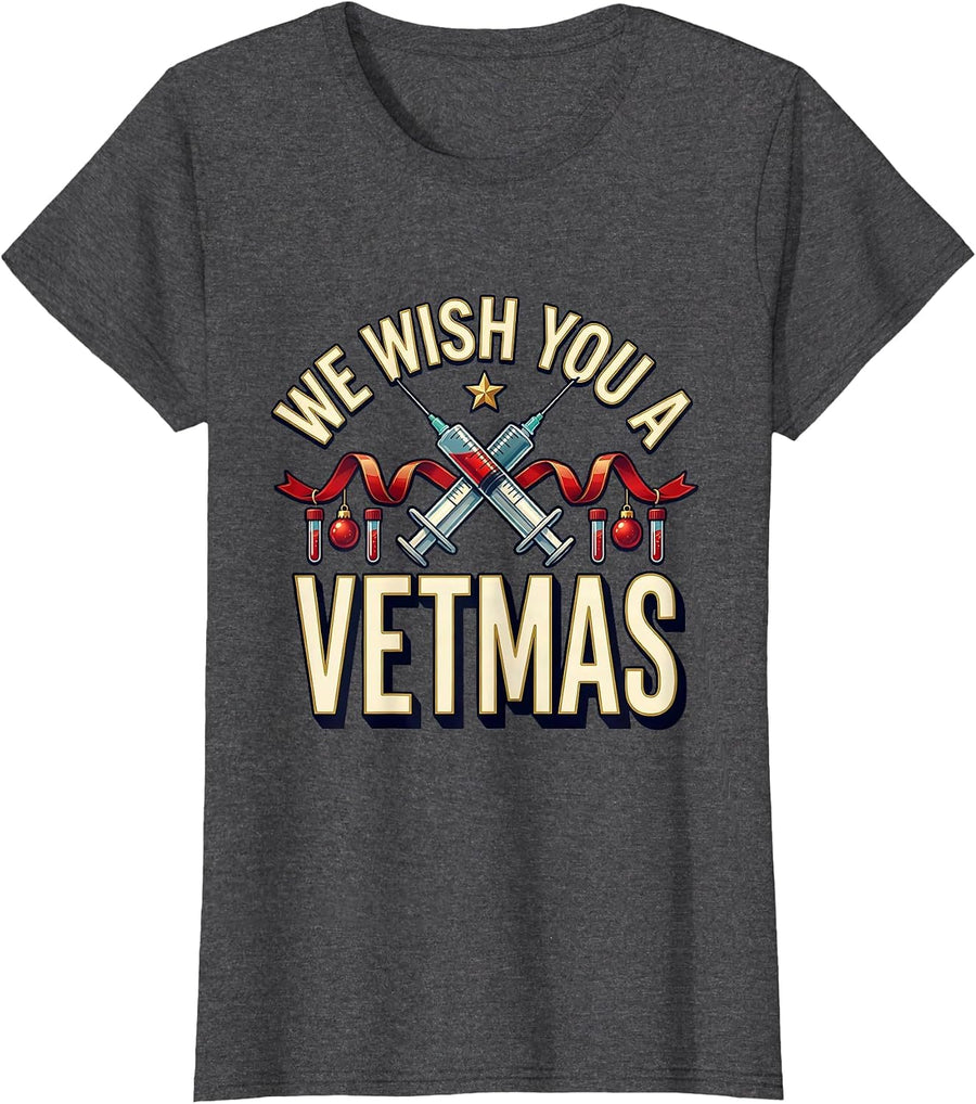 Women's We Wish You A Vetmas Funny Veterinarian Vet Tech Christmas T-Shirt - Dark Heather Grey