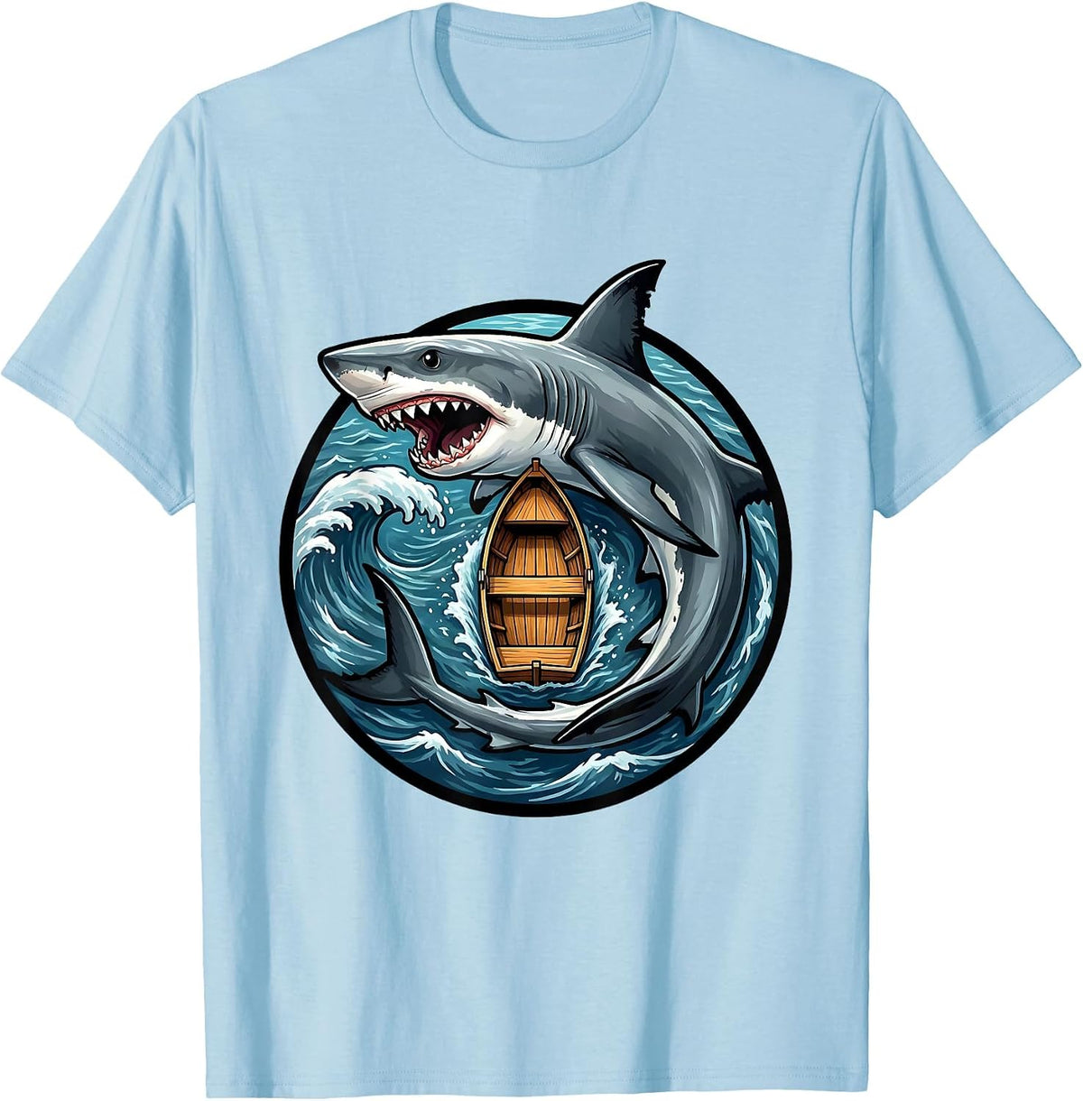 Men's Shark Circling Rowboat Aerial View Graphic T-Shirt - Baby Blue