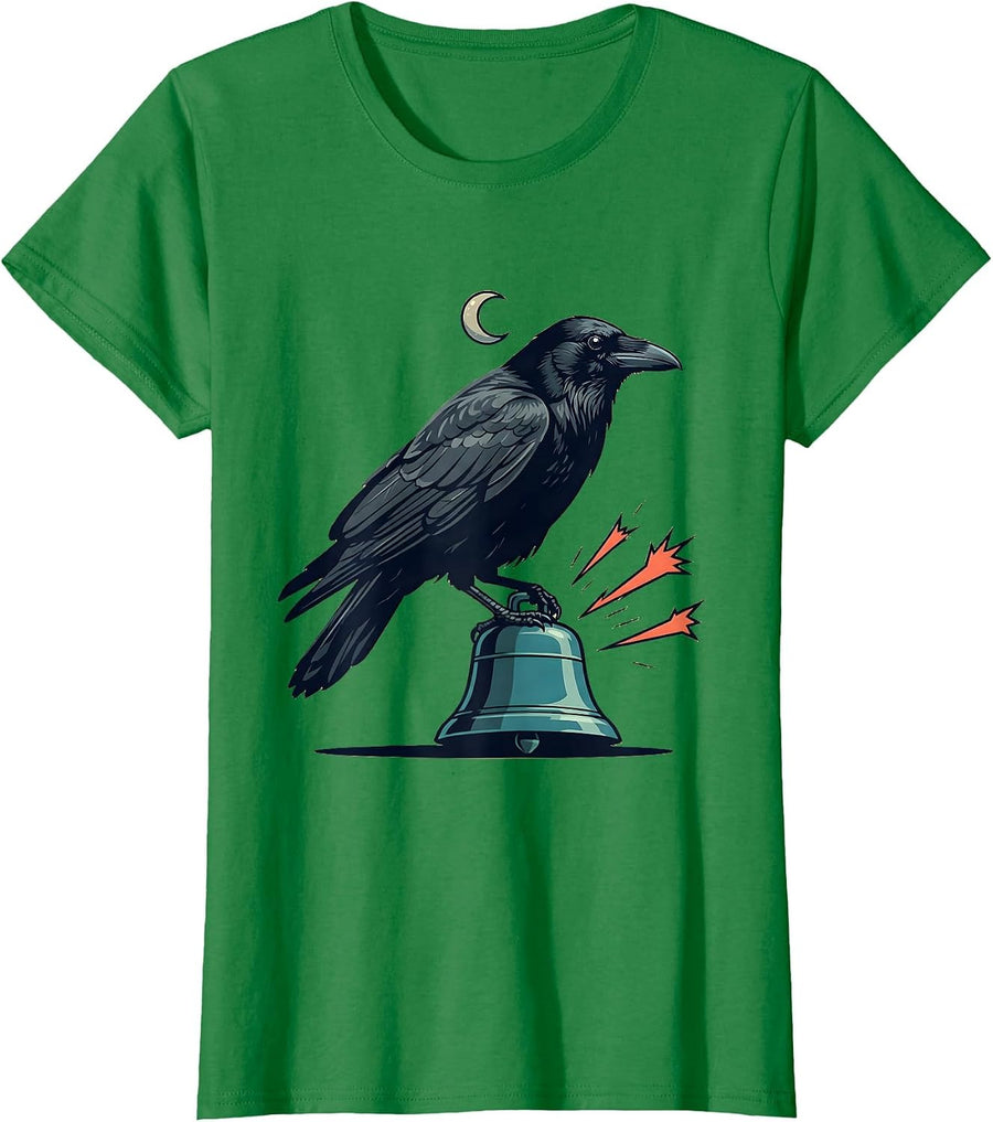 Women's Black Crow Bell Gothic Humor Halloween Dark Bird Lover T-Shirt - Kelly Green