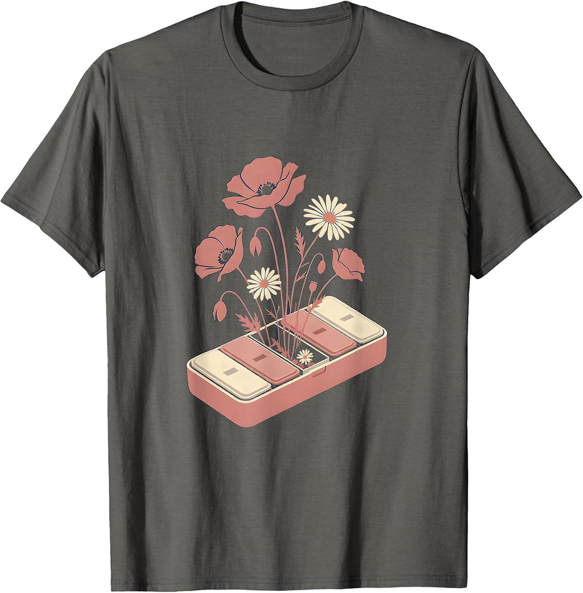 Wildflower Pill Organizer Floral Illustration T-Shirt - Asphalt Grey