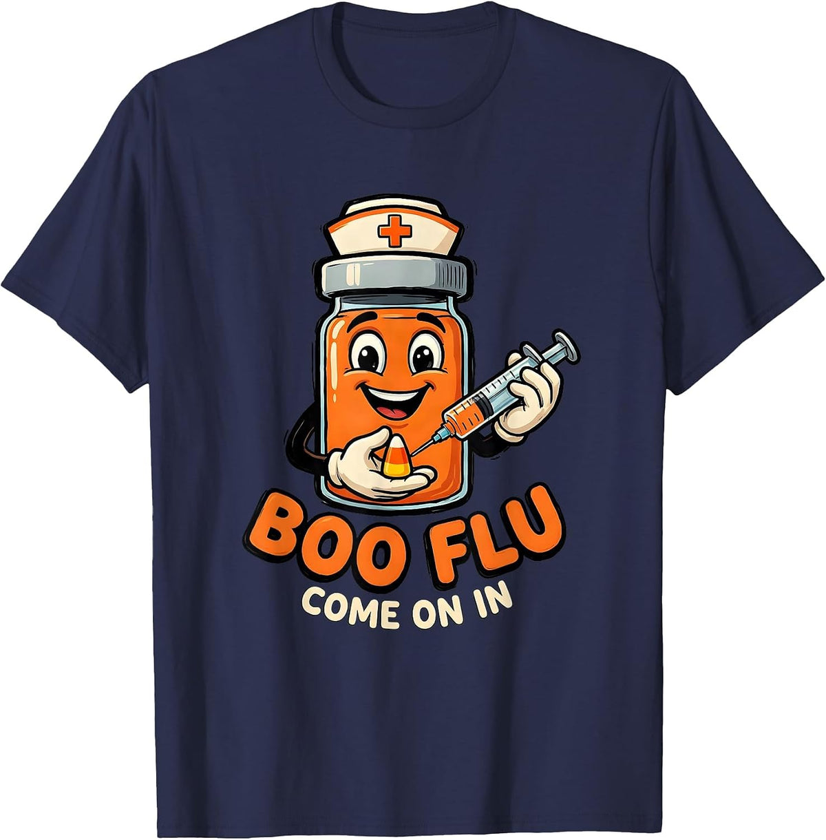 Boo Flu, Come On In Funny Nurse Halloween Vaccine Humor T-Shirt - Navy Blue