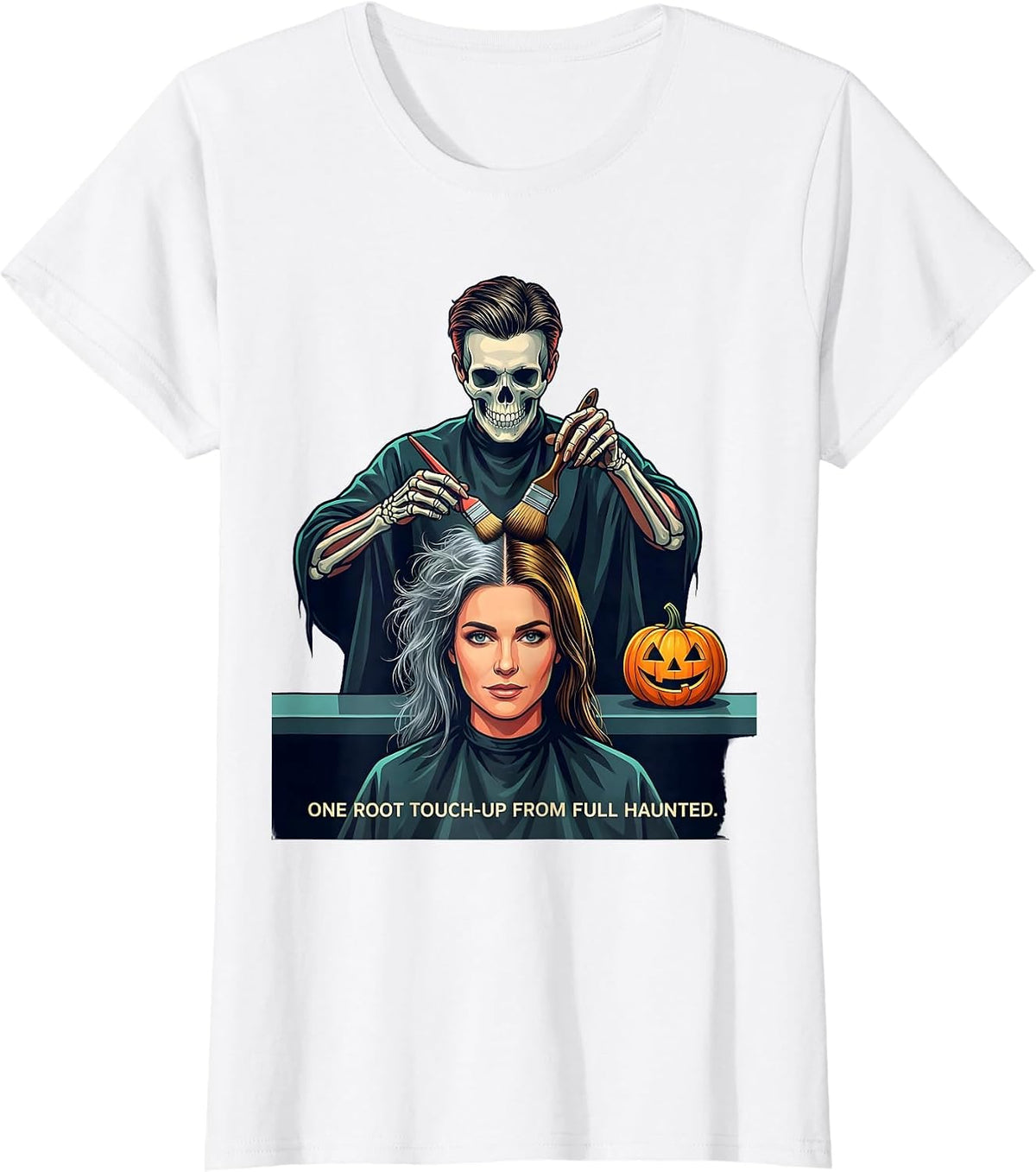 One Root Touch-Up From Full Haunted Funny Skeleton T-Shirt - White
