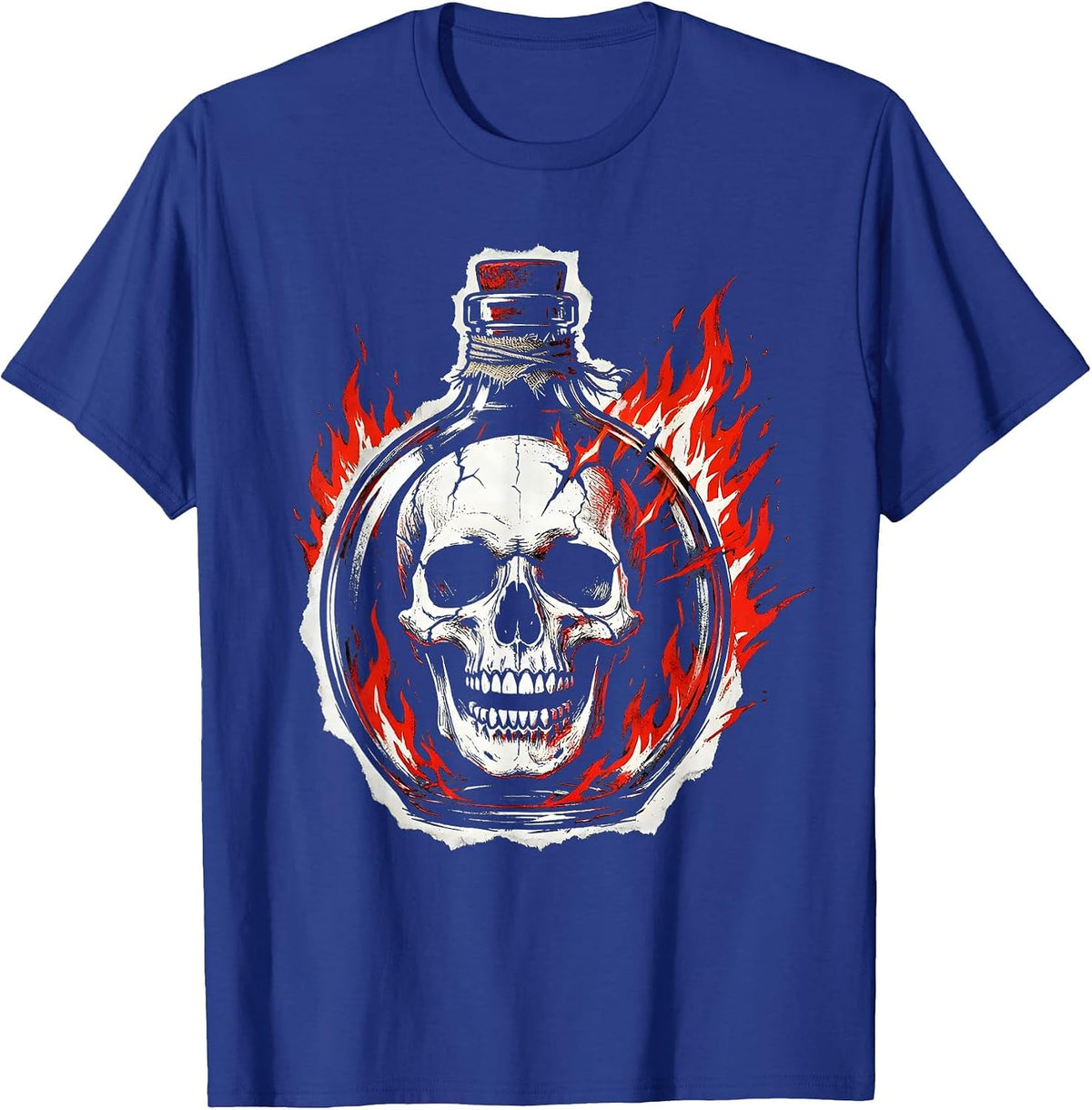 Flaming Skull Molotov Cocktail Graphic Design T-Shirt - Royal Blue