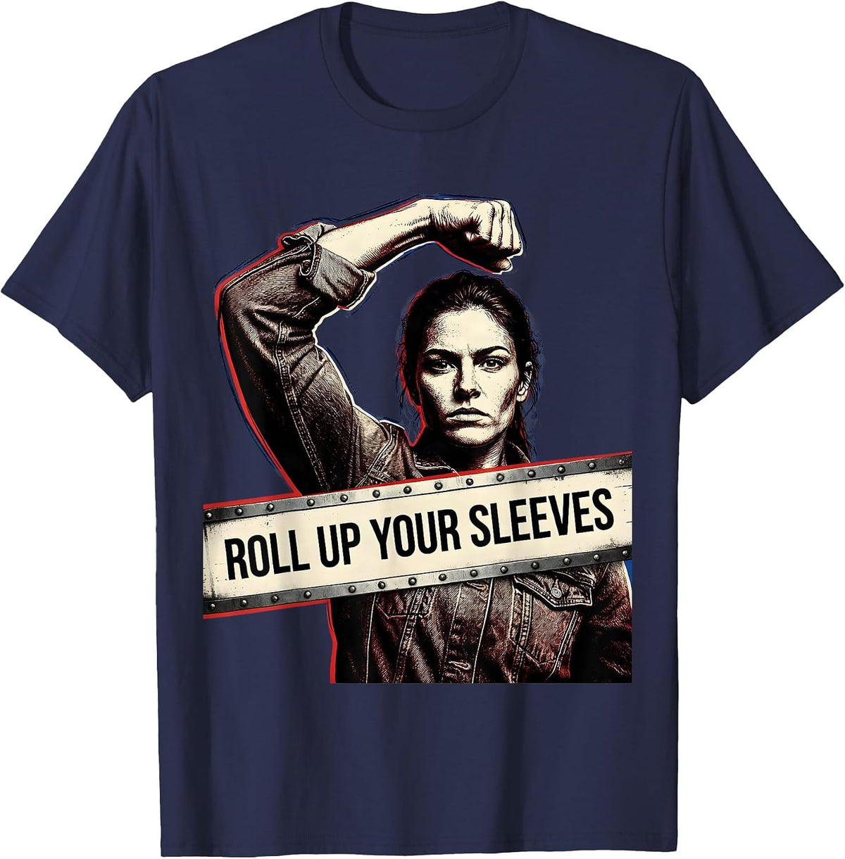 Roll Up Your Sleeves Rosie the Riveter Design T-Shirt - Navy Blue