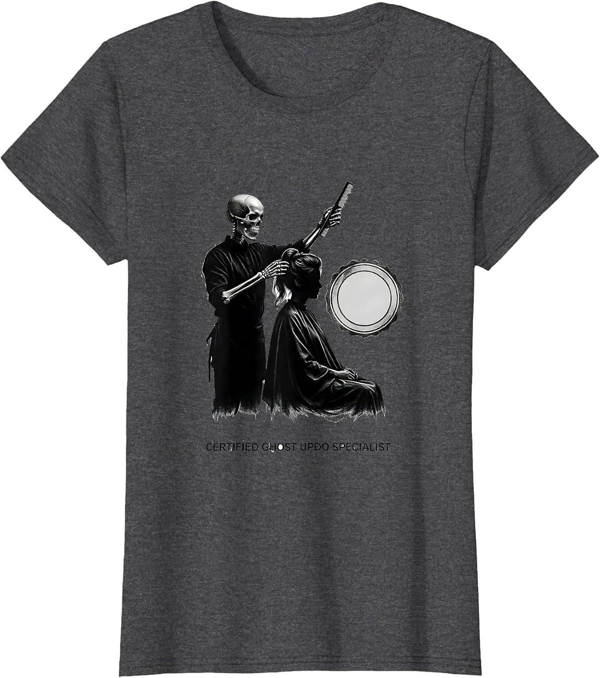 Women's Certified Ghost Updo Specialist Minimalist Skeleton T-Shirt - Dark Heather Grey