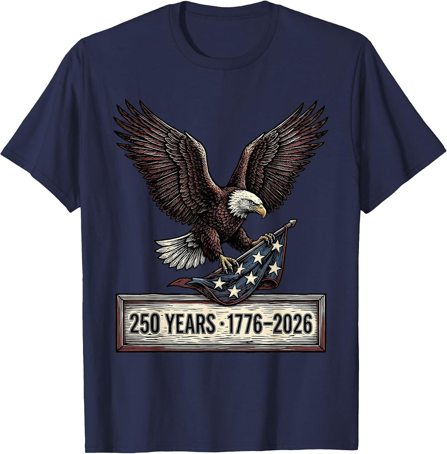 250 Years · 1776–2026 Bold Woodcut Eagle Patriotic Souvenir T-Shirt - Navy Blue
