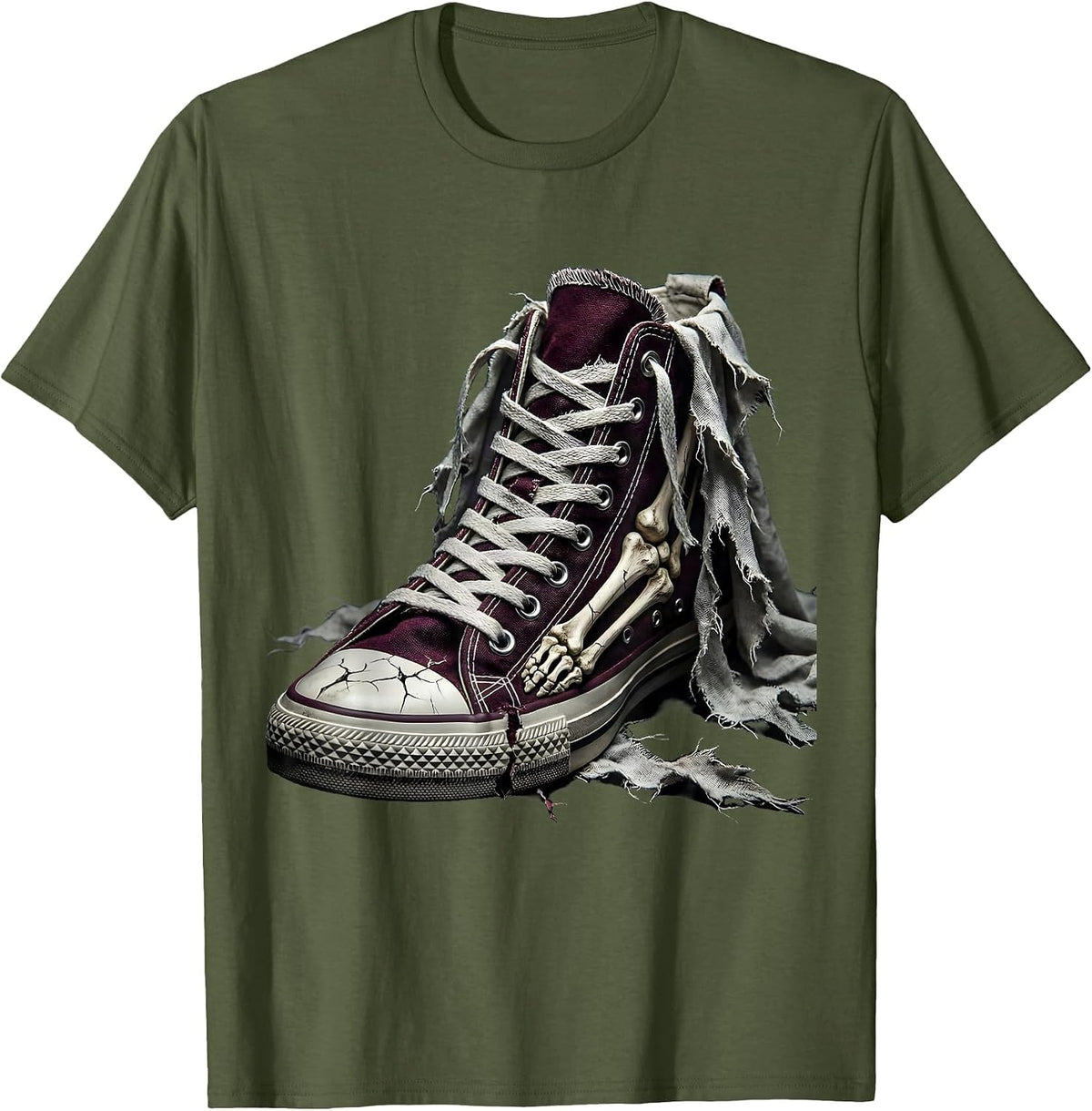 Men's Punk Ripped Sneaker Exposed Toe Bones Graphic T-Shirt - Olive Green