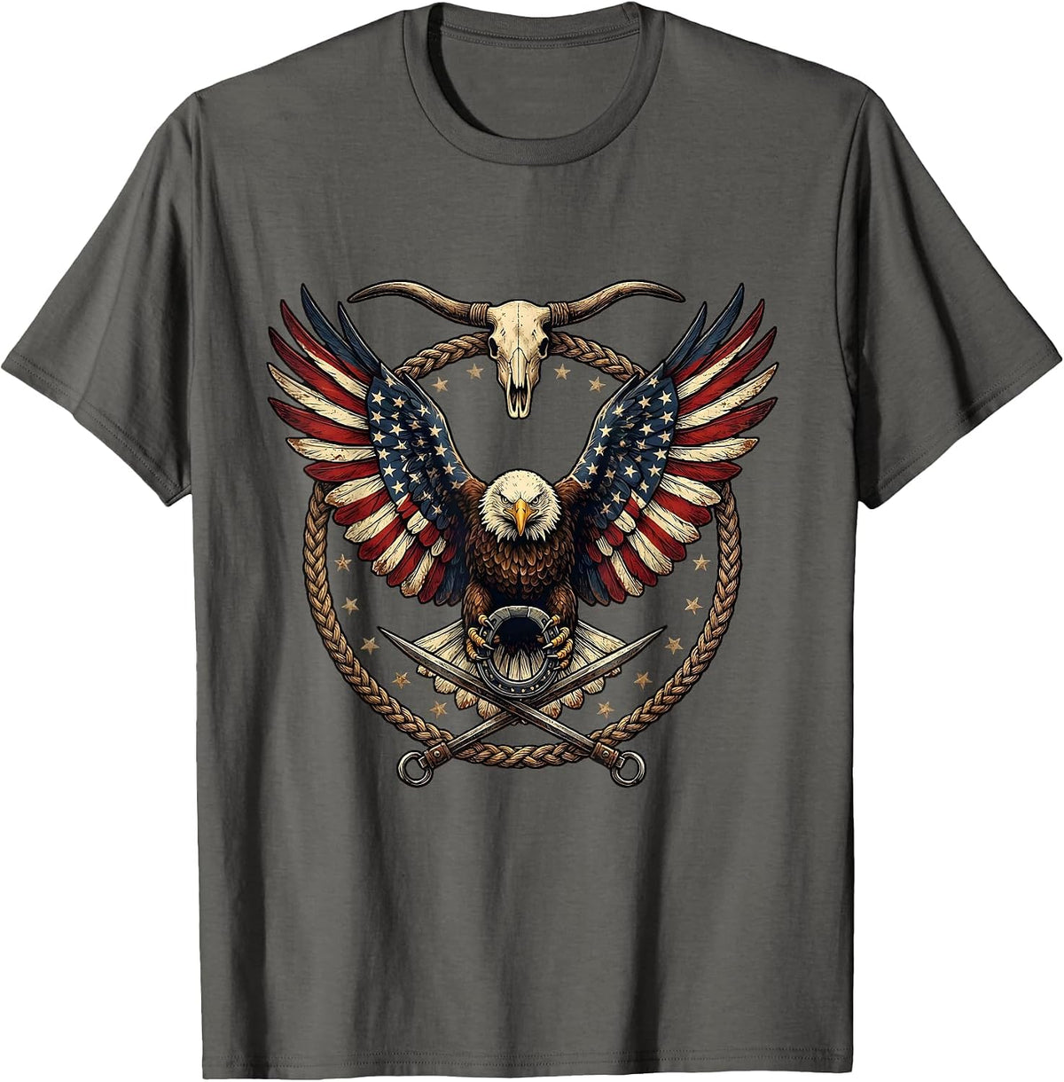 Eagle Soaring American Flag Draped Wings T-Shirt - Asphalt Grey