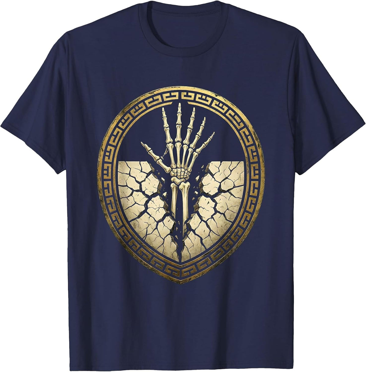Skeleton Hand Rising From Cracked Earth Graphic T-Shirt - Navy Blue