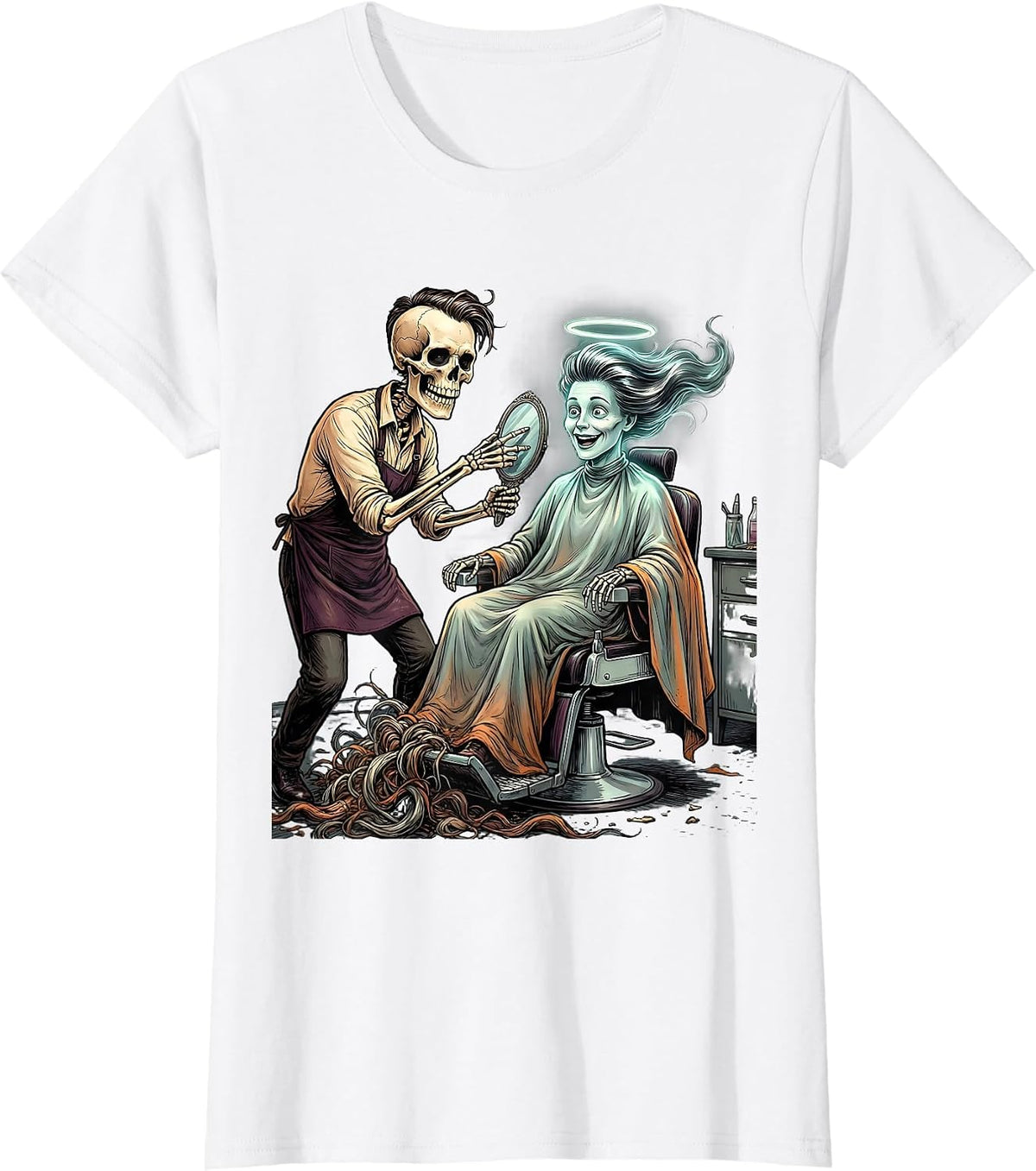 Skeleton Hairstylist Ghost Client Halloween Hairdresser T-Shirt - White