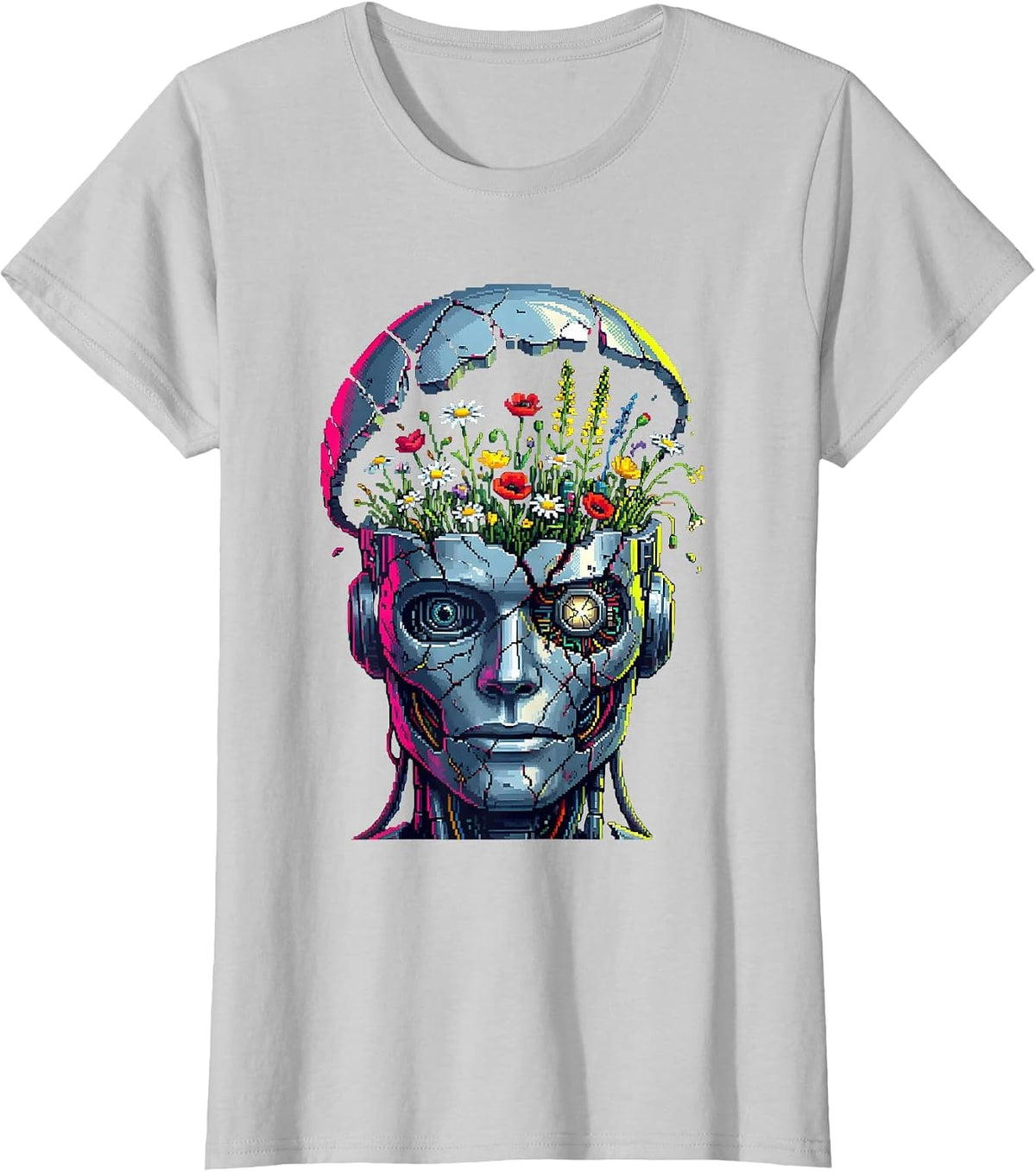 Broken Robot Wildflower Cyberpunk Graphic Design T-Shirt - Silver Grey