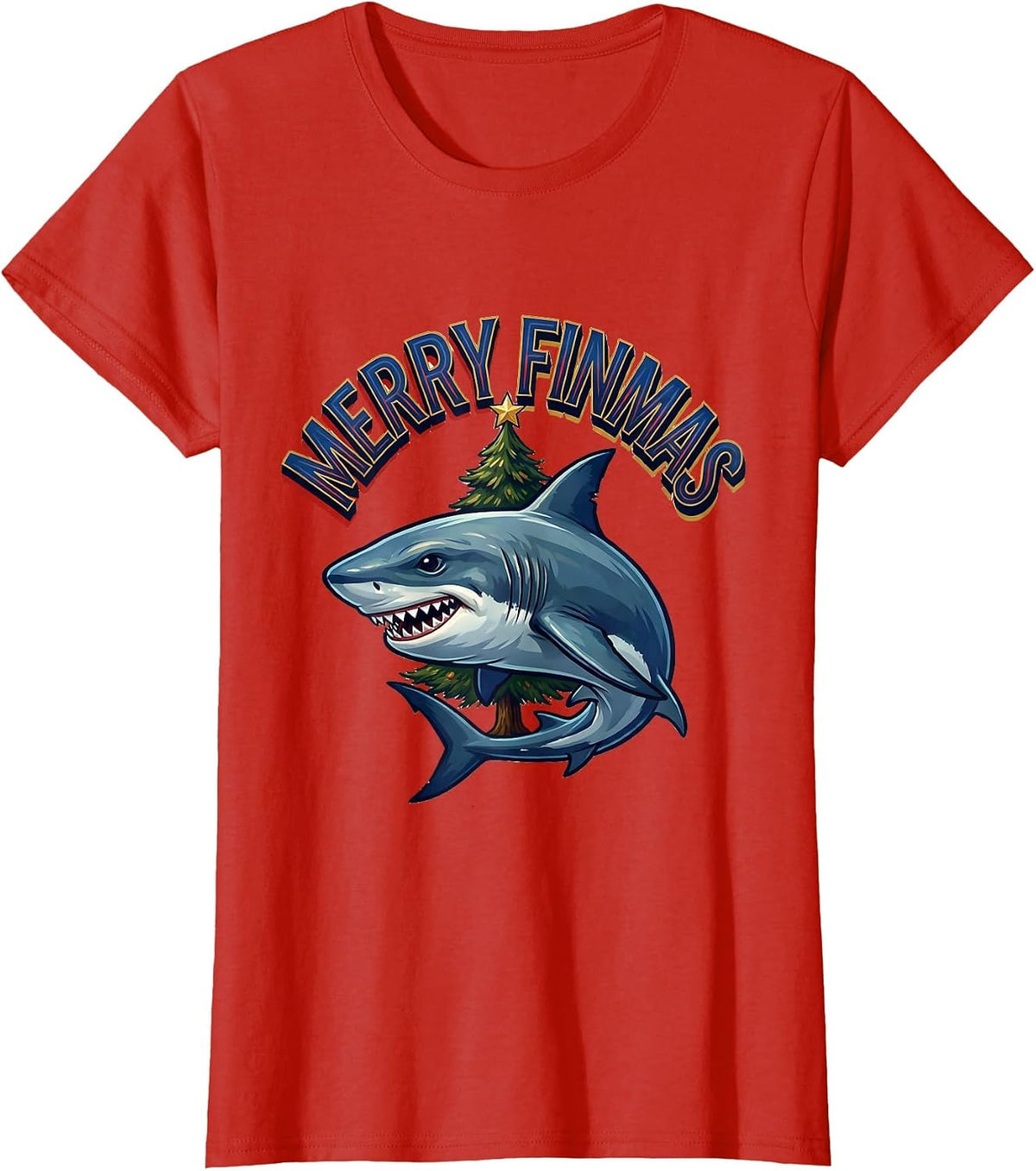 Merry Finmas Funny Shark Christmas Pun Novelty T-Shirt - Red